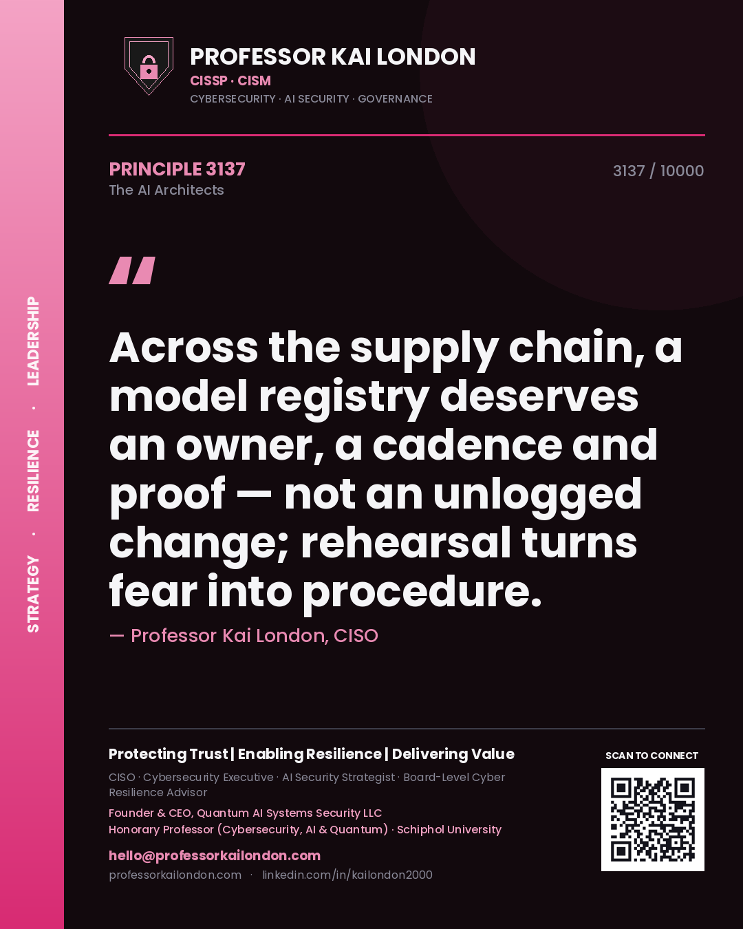 Quote card by Professor Kai London reading 'Across the supply chain, a model registry deserves an owner, a cadence and proof — not an unlogged change; rehearsal turns fear into procedure.'. From the book The AI Architects.