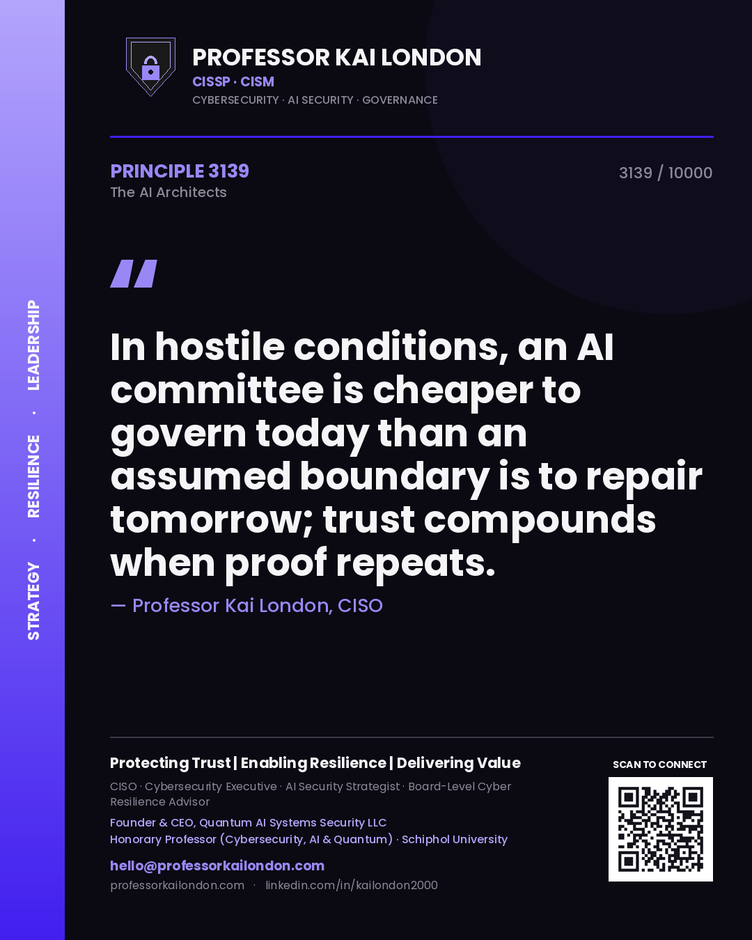 Quote card by Professor Kai London reading 'In hostile conditions, an AI committee is cheaper to govern today than an assumed boundary is to repair tomorrow; trust compounds when proof repeats.'. From the book The AI Architects.