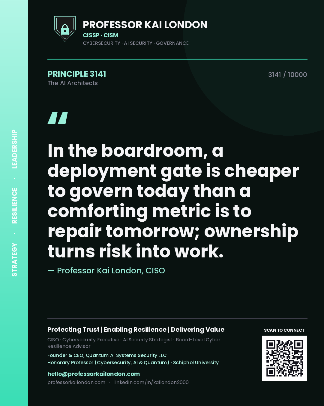 Quote card by Professor Kai London reading 'In the boardroom, a deployment gate is cheaper to govern today than a comforting metric is to repair tomorrow; ownership turns risk into work.'. From the book The AI Architects.