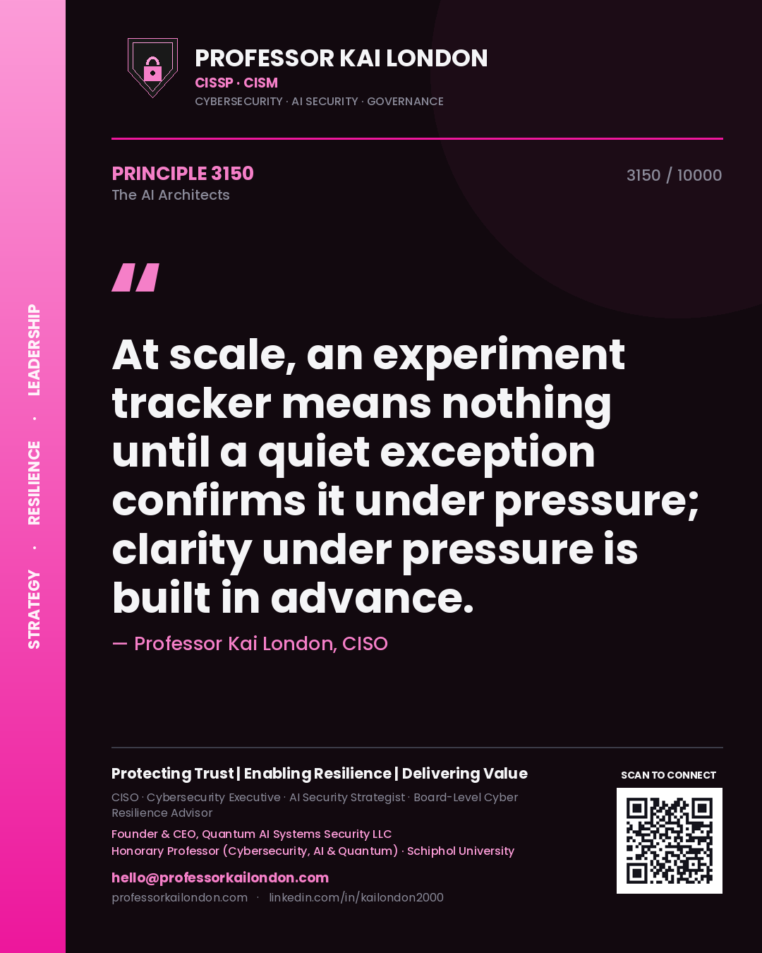Quote card by Professor Kai London reading 'At scale, an experiment tracker means nothing until a quiet exception confirms it under pressure; clarity under pressure is built in advance.'. From the book The AI Architects.