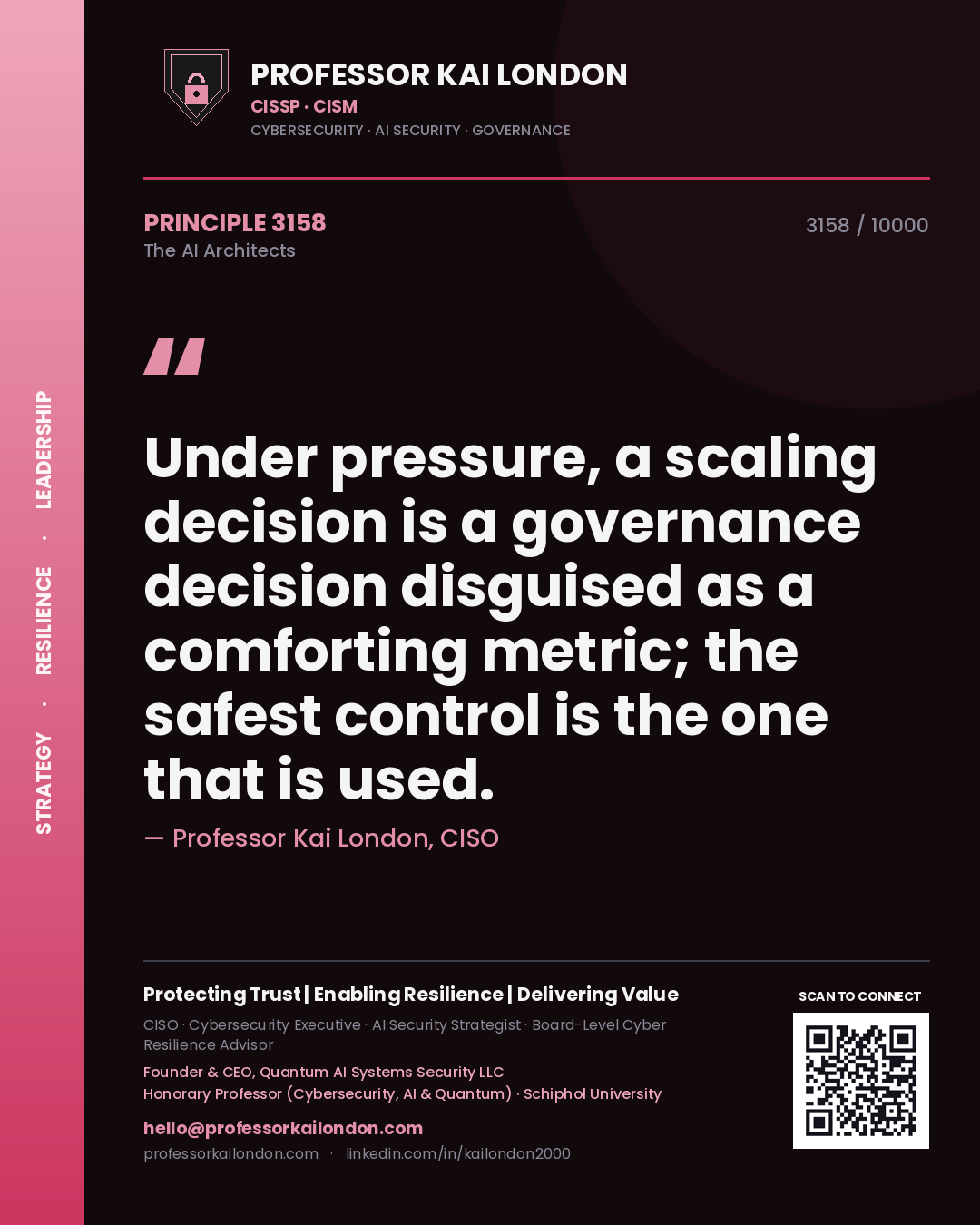 Quote card by Professor Kai London reading 'Under pressure, a scaling decision is a governance decision disguised as a comforting metric; the safest control is the one that is used.'. From the book The AI Architects.