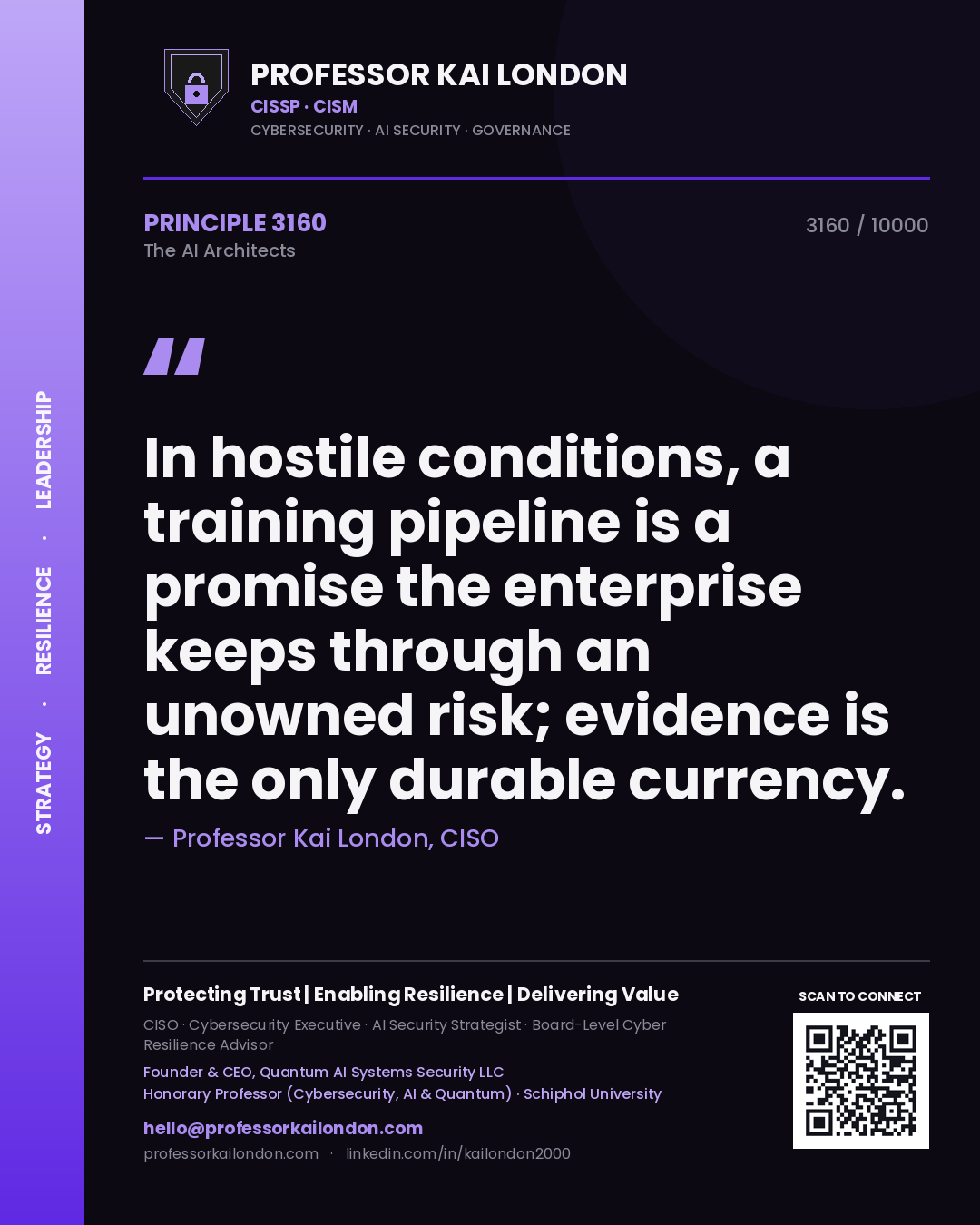 Quote card by Professor Kai London reading 'In hostile conditions, a training pipeline is a promise the enterprise keeps through an unowned risk; evidence is the only durable currency.'. From the book The AI Architects.