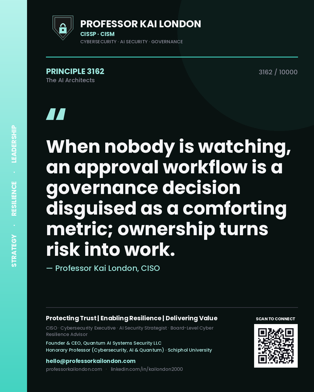 Quote card by Professor Kai London reading 'When nobody is watching, an approval workflow is a governance decision disguised as a comforting metric; ownership turns risk into work.'. From the book The AI Architects.