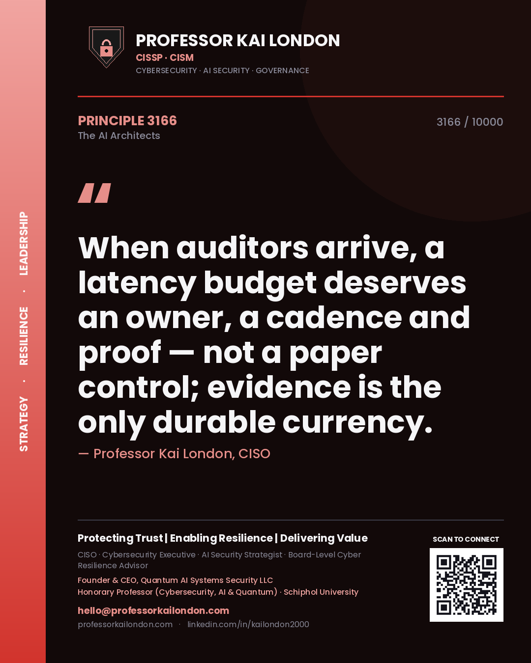 Quote card by Professor Kai London reading 'When auditors arrive, a latency budget deserves an owner, a cadence and proof — not a paper control; evidence is the only durable currency.'. From the book The AI Architects.