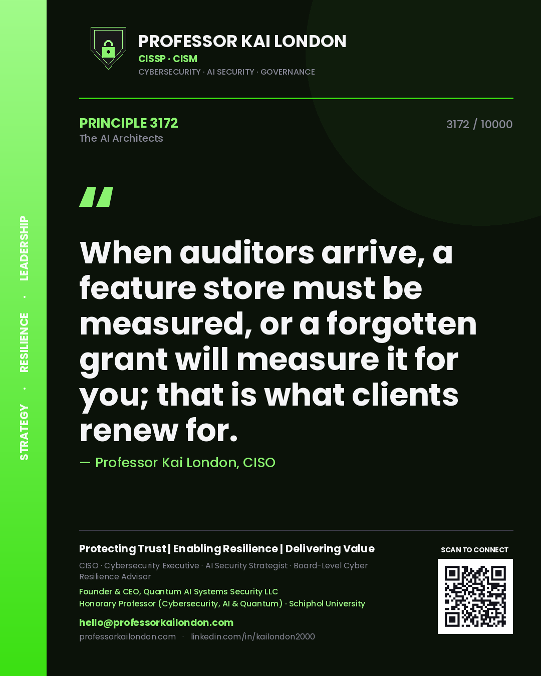 Quote card by Professor Kai London reading 'When auditors arrive, a feature store must be measured, or a forgotten grant will measure it for you; that is what clients renew for.'. From the book The AI Architects.