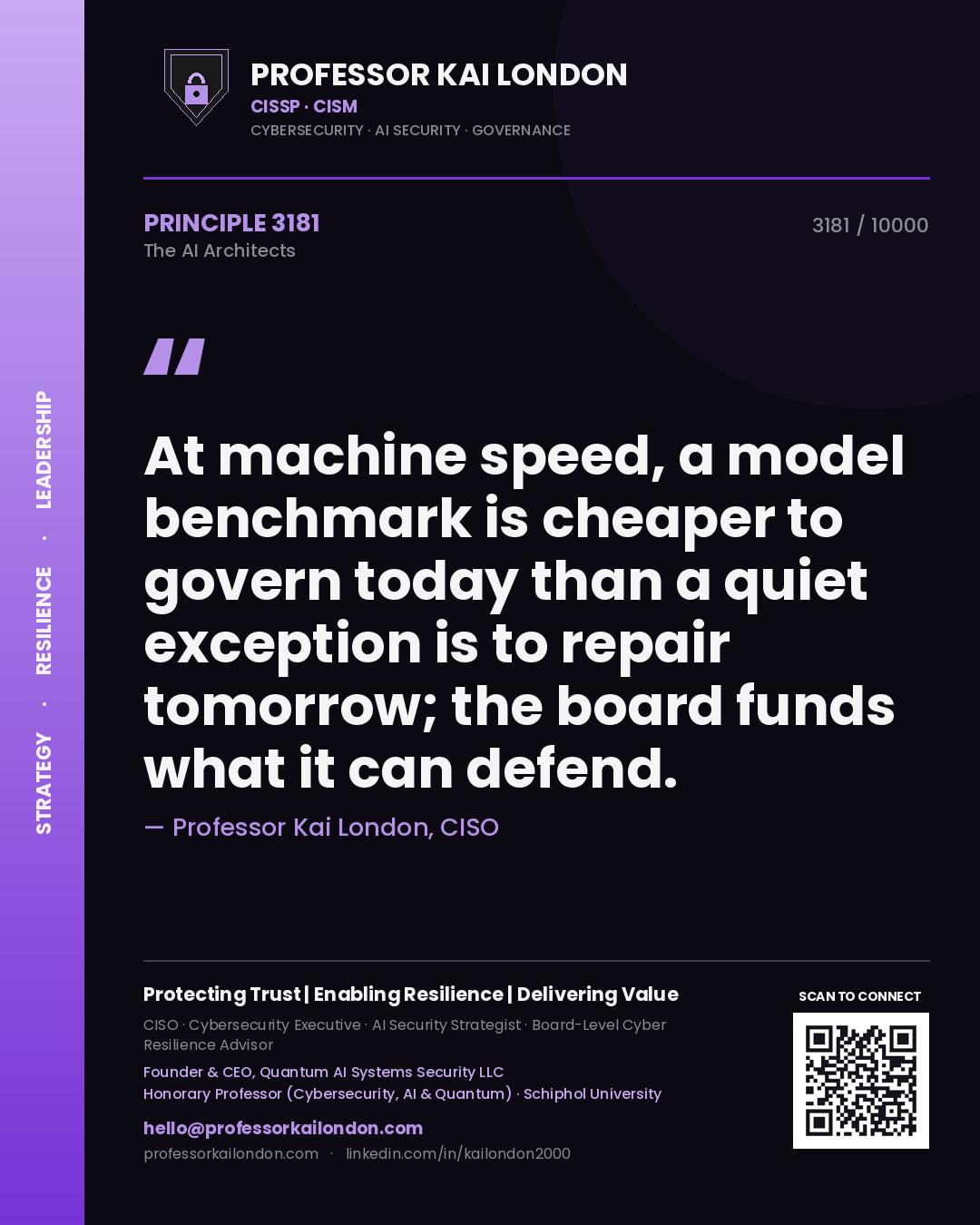 Professor Kai London principle 3181: At machine speed, a model benchmark is cheaper to govern today than a quiet exception is to repair tomorrow; the board funds what it can defend.