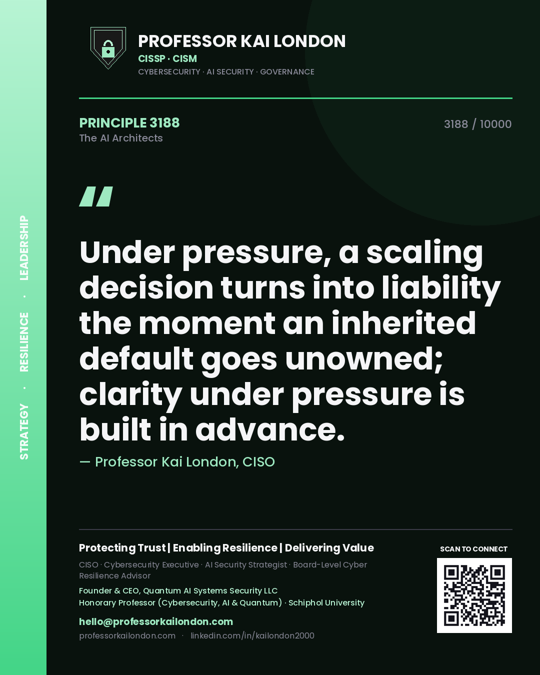 Quote card by Professor Kai London reading 'Under pressure, a scaling decision turns into liability the moment an inherited default goes unowned; clarity under pressure is built in advance.'. From the book The AI Architects.