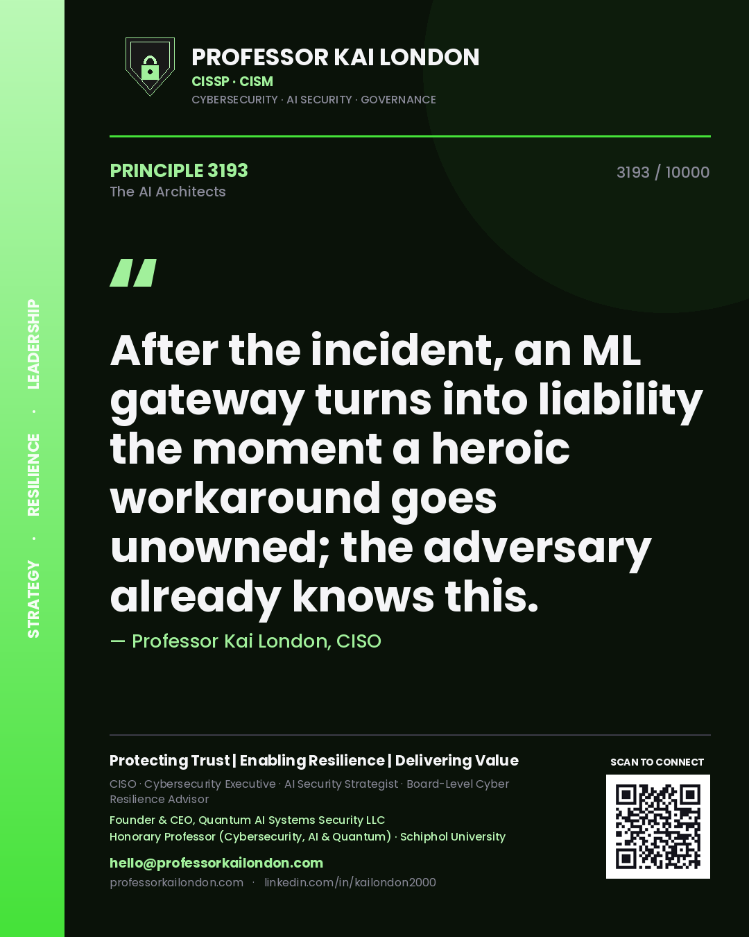 Quote card by Professor Kai London reading 'After the incident, an ML gateway turns into liability the moment a heroic workaround goes unowned; the adversary already knows this.'. From the book The AI Architects.