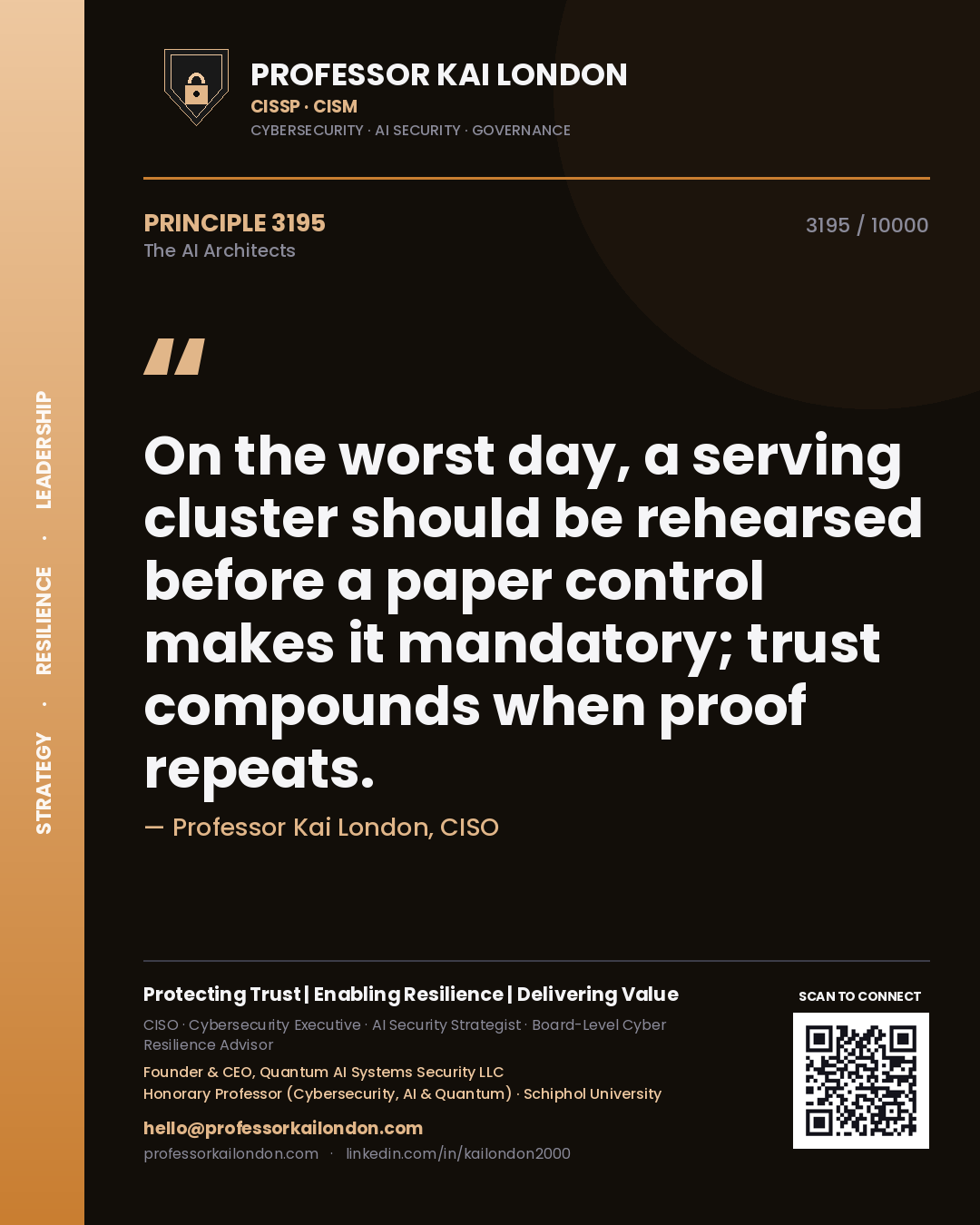 Quote card by Professor Kai London reading 'On the worst day, a serving cluster should be rehearsed before a paper control makes it mandatory; trust compounds when proof repeats.'. From the book The AI Architects.