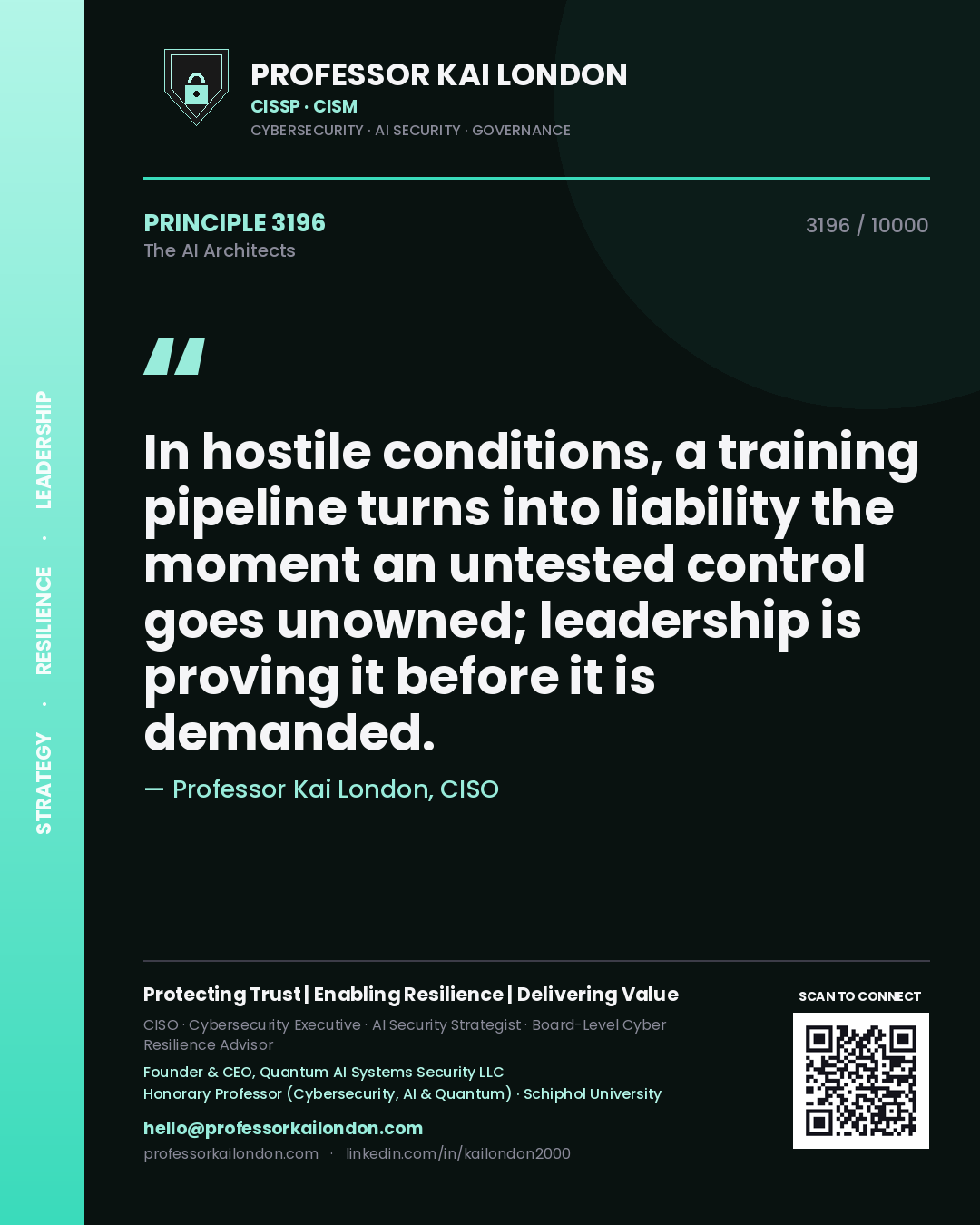 Quote card by Professor Kai London reading 'In hostile conditions, a training pipeline turns into liability the moment an untested control goes unowned; leadership is proving it before it is demanded.'. From the book The AI Architects.