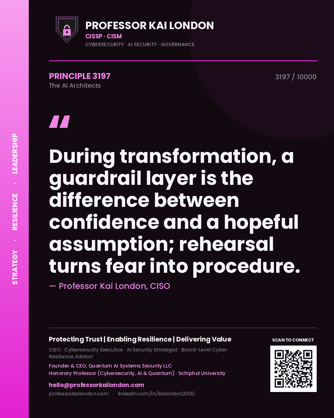 Quote card by Professor Kai London reading 'During transformation, a guardrail layer is the difference between confidence and a hopeful assumption; rehearsal turns fear into procedure.'. From the book The AI Architects.