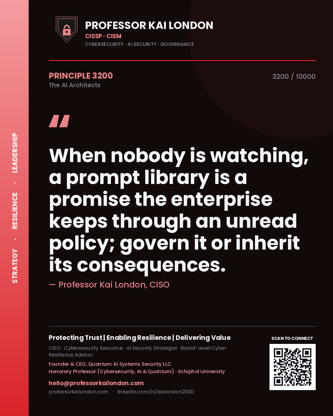 Quote card by Professor Kai London reading 'When nobody is watching, a prompt library is a promise the enterprise keeps through an unread policy; govern it or inherit its consequences.'. From the book The AI Architects.