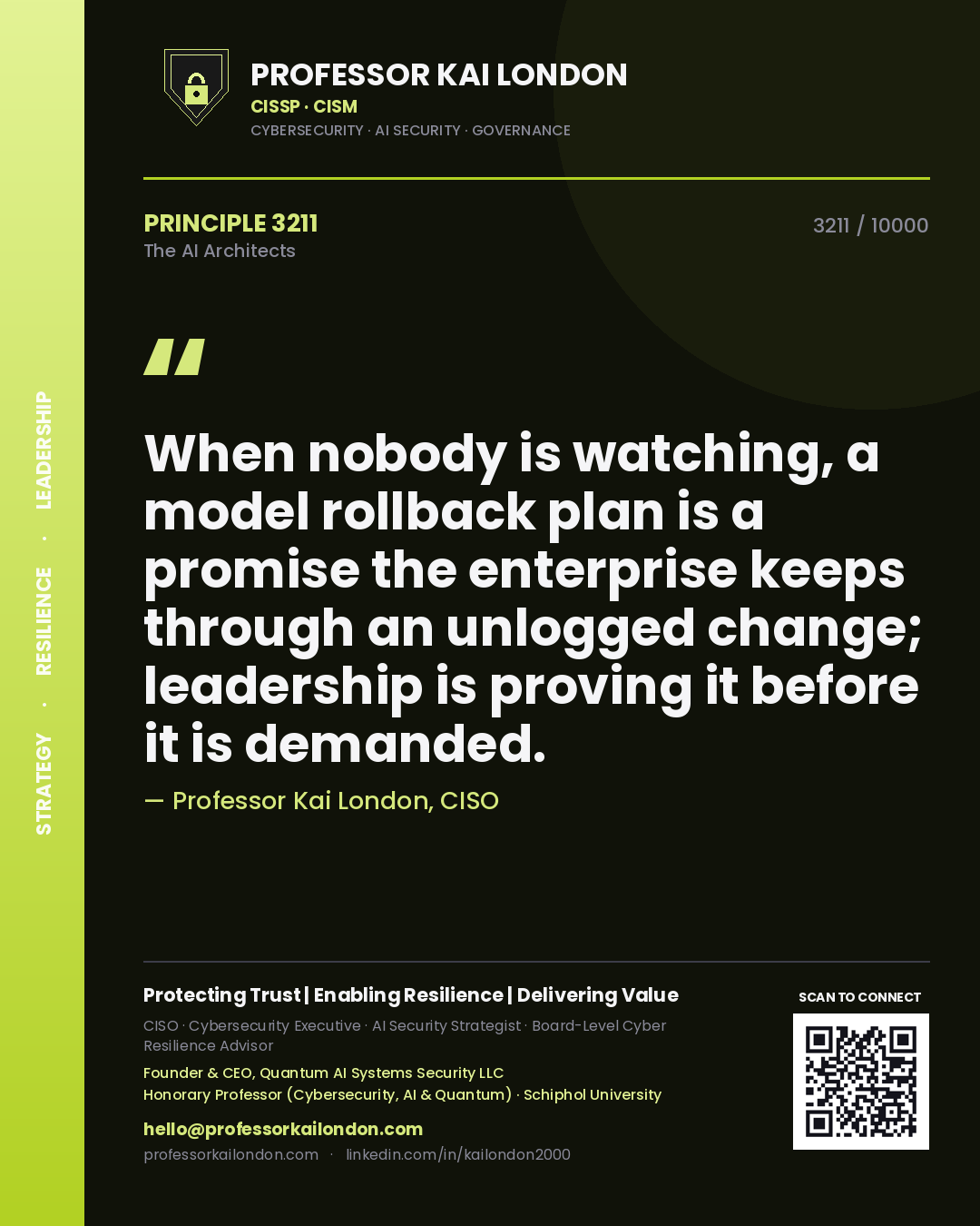 Quote card by Professor Kai London reading 'When nobody is watching, a model rollback plan is a promise the enterprise keeps through an unlogged change; leadership is proving it before it is demanded.'. From the book The AI Architects.