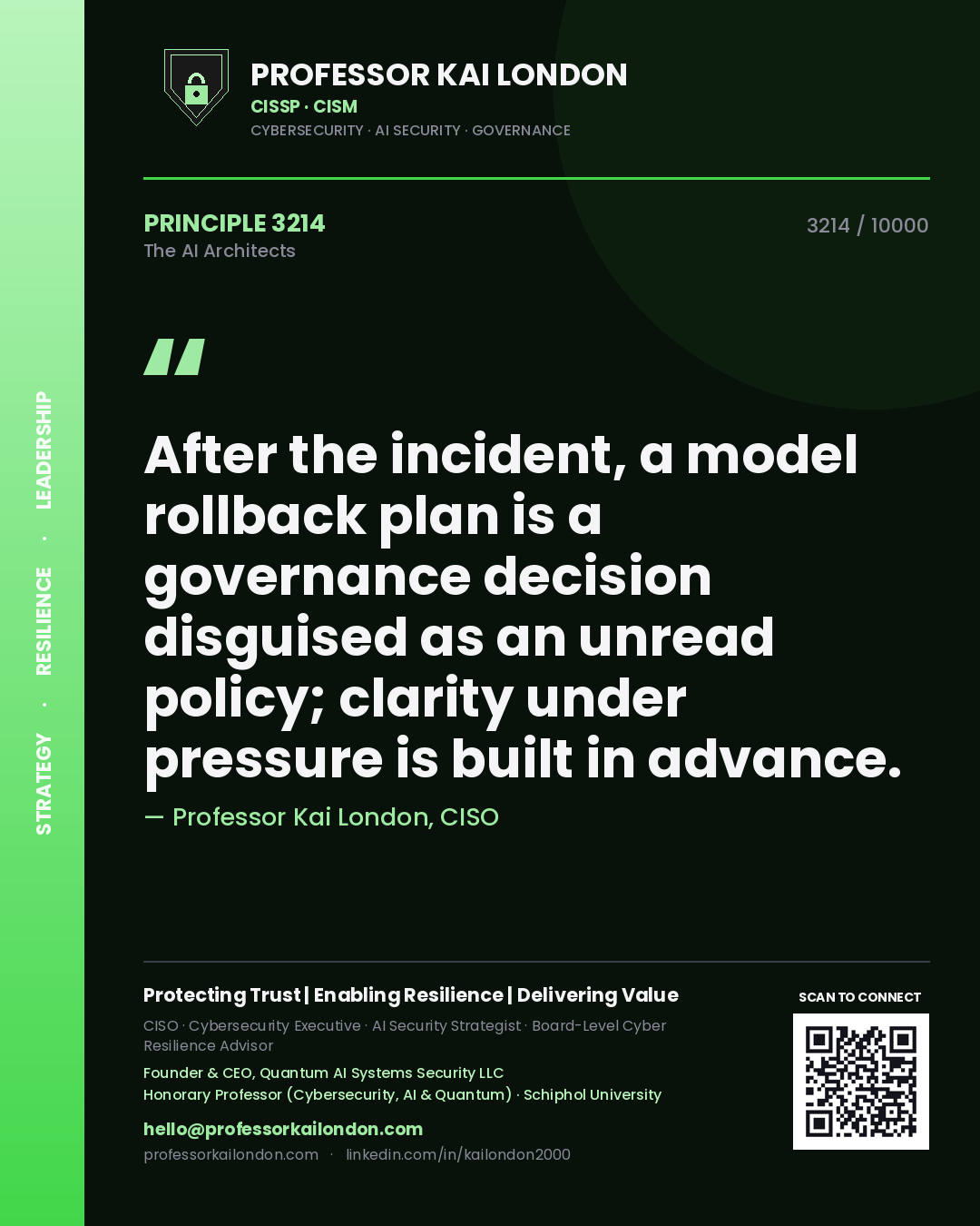 Quote card by Professor Kai London reading 'After the incident, a model rollback plan is a governance decision disguised as an unread policy; clarity under pressure is built in advance.'. From the book The AI Architects.