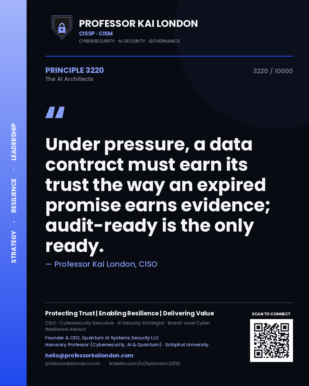 Quote card by Professor Kai London reading 'Under pressure, a data contract must earn its trust the way an expired promise earns evidence; audit-ready is the only ready.'. From the book The AI Architects.