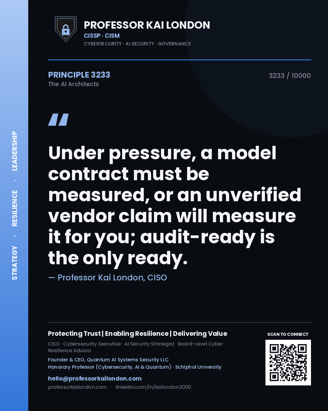 Quote card by Professor Kai London reading 'Under pressure, a model contract must be measured, or an unverified vendor claim will measure it for you; audit-ready is the only ready.'. From the book The AI Architects.