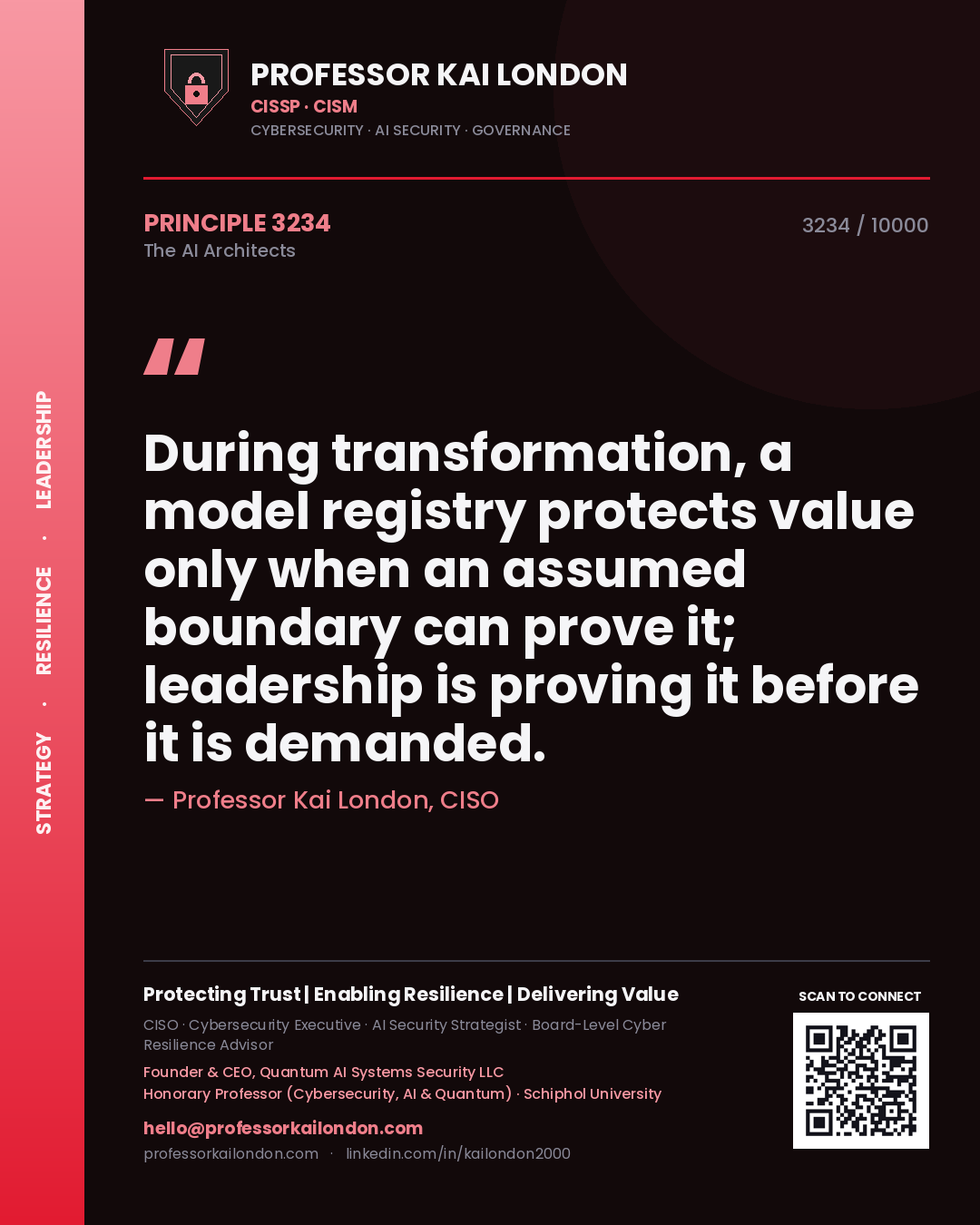 Quote card by Professor Kai London reading 'During transformation, a model registry protects value only when an assumed boundary can prove it; leadership is proving it before it is demanded.'. From the book The AI Architects.