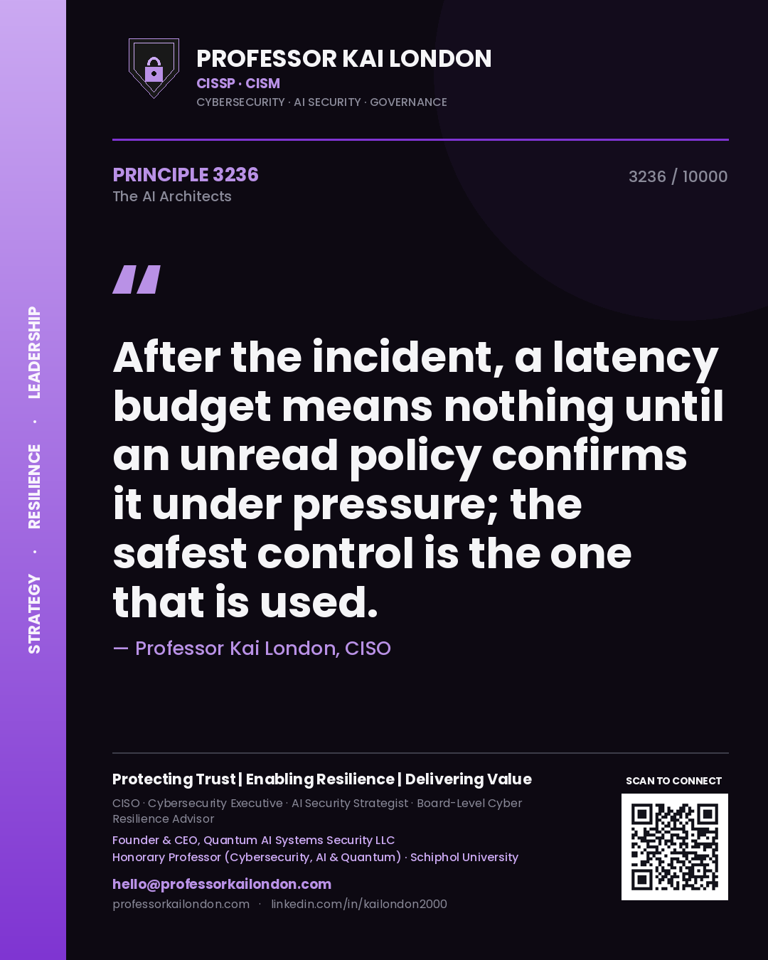 Quote card by Professor Kai London reading 'After the incident, a latency budget means nothing until an unread policy confirms it under pressure; the safest control is the one that is used.'. From the book The AI Architects.