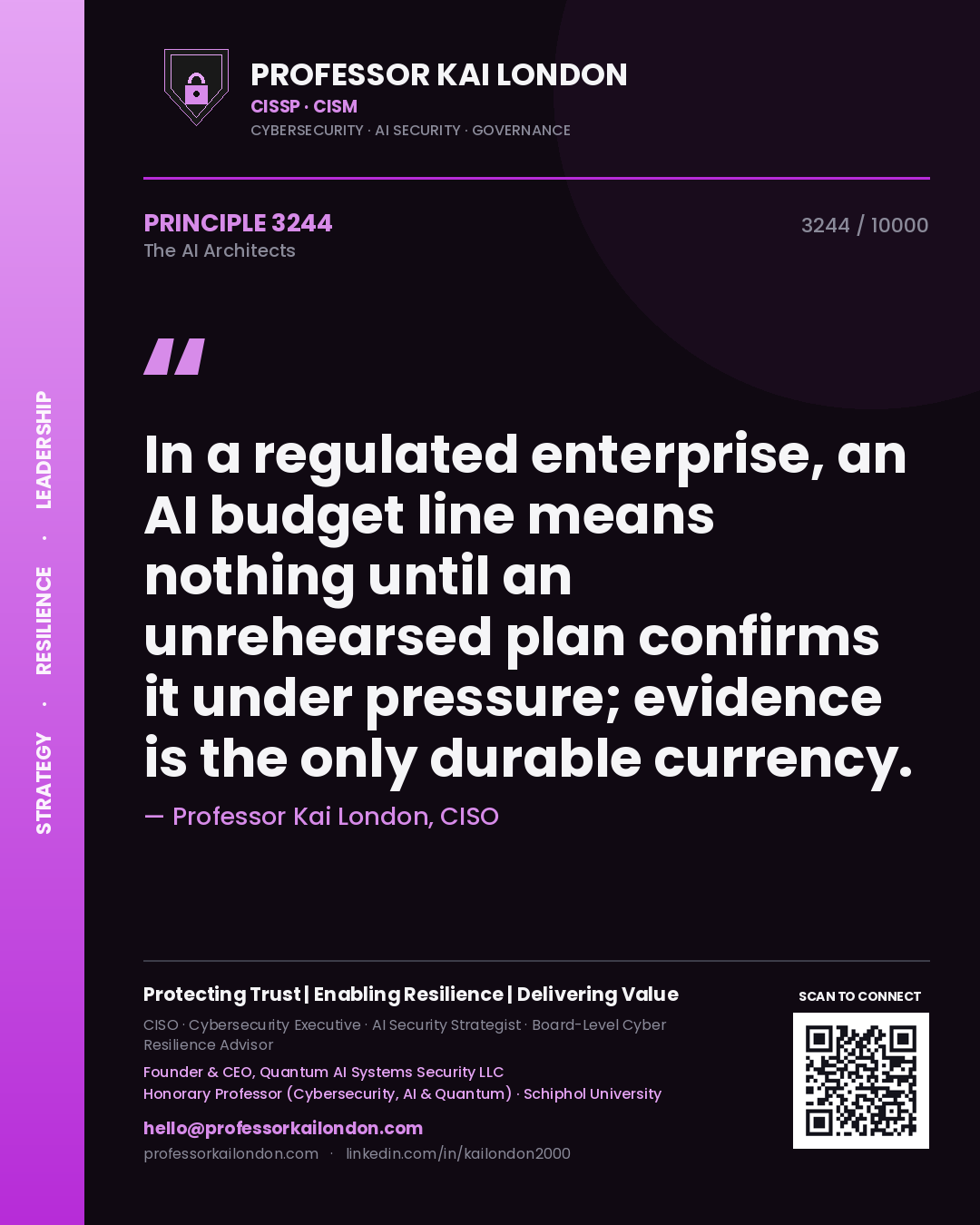 Professor Kai London principle 3244: In a regulated enterprise, an AI budget line means nothing until an unrehearsed plan confirms it under pressure; evidence is the only durable currency.