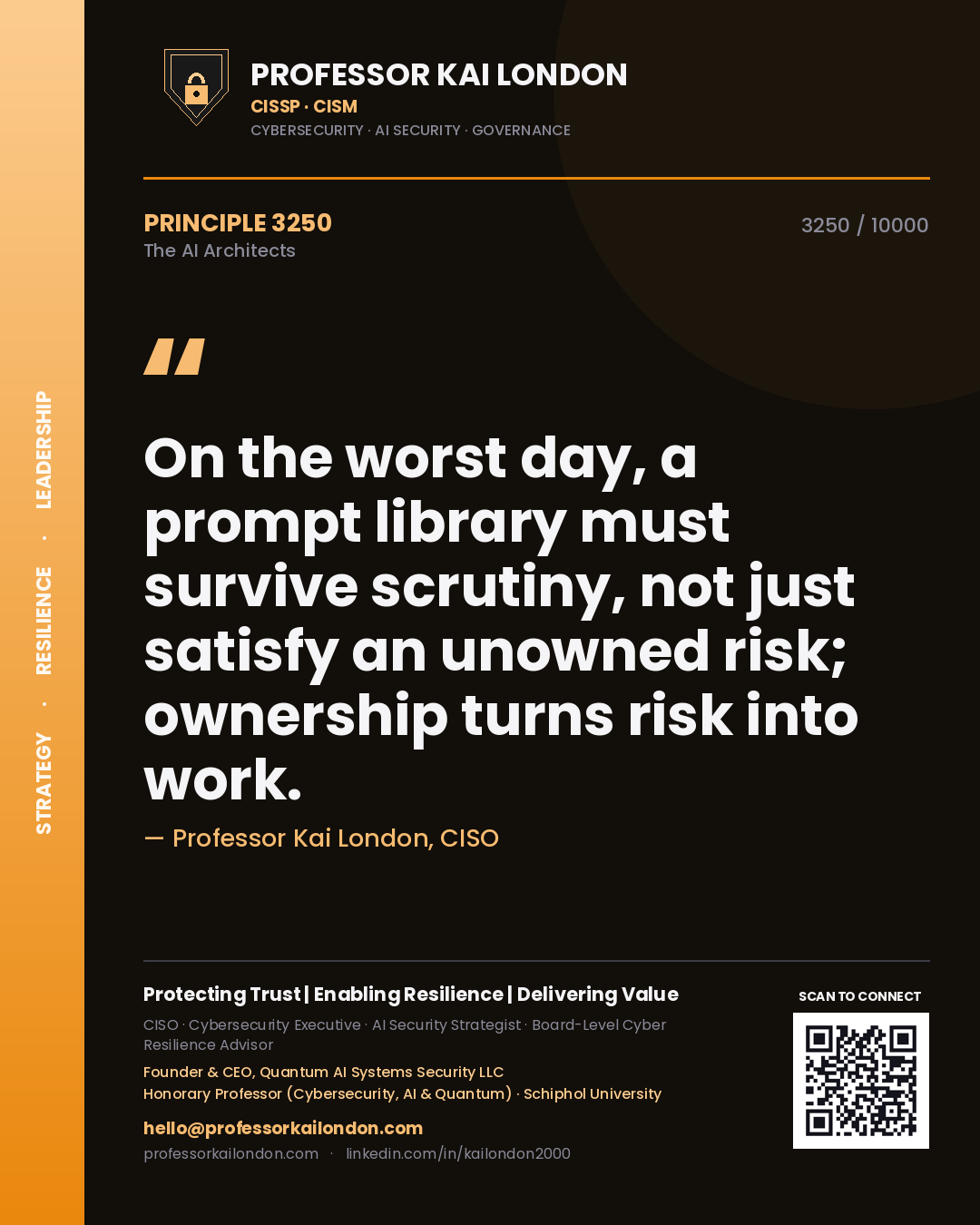 Quote card by Professor Kai London reading 'On the worst day, a prompt library must survive scrutiny, not just satisfy an unowned risk; ownership turns risk into work.'. From the book The AI Architects.