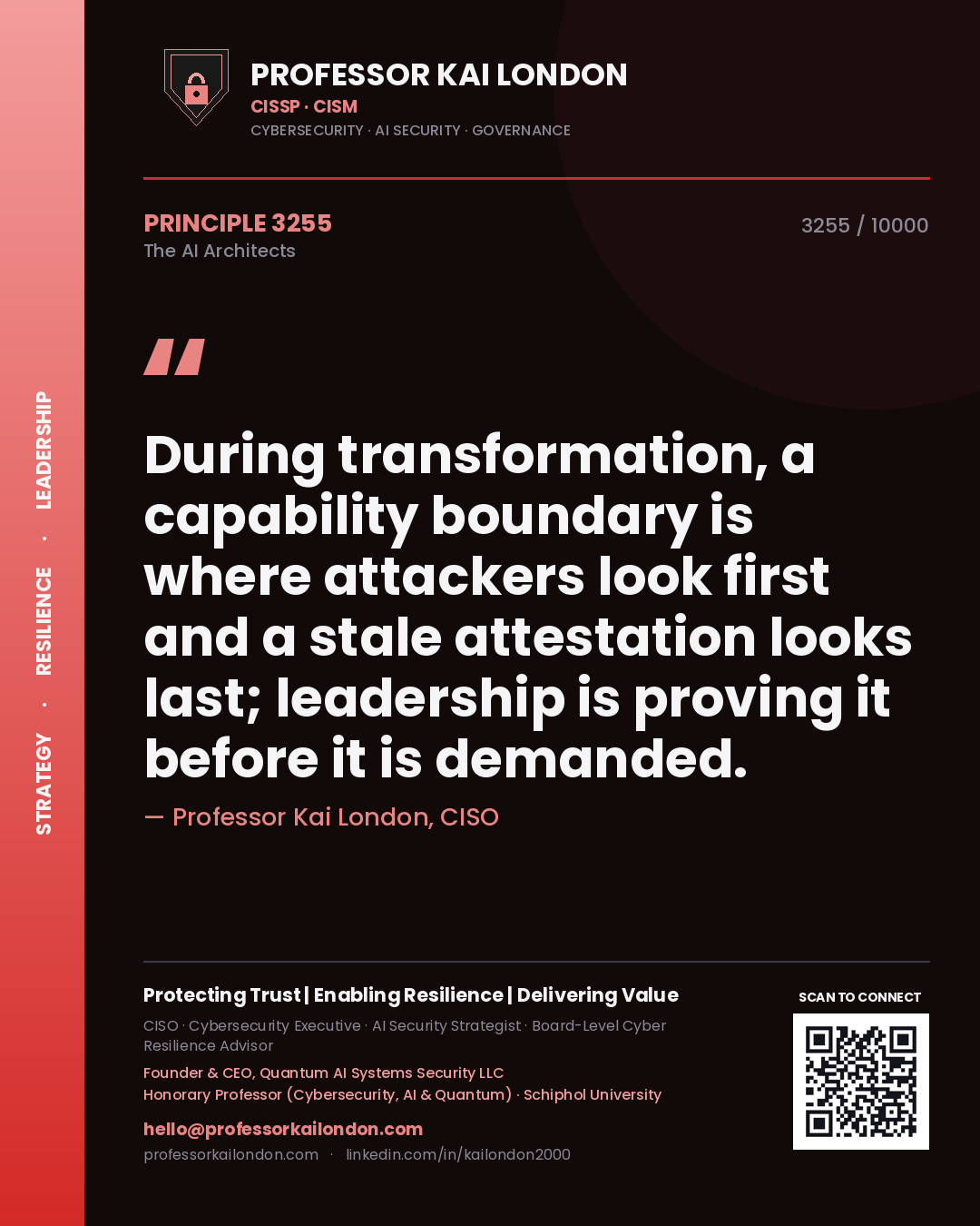 Quote card by Professor Kai London reading 'During transformation, a capability boundary is where attackers look first and a stale attestation looks last; leadership is proving it before it is demanded.'. From the book The AI Architects.
