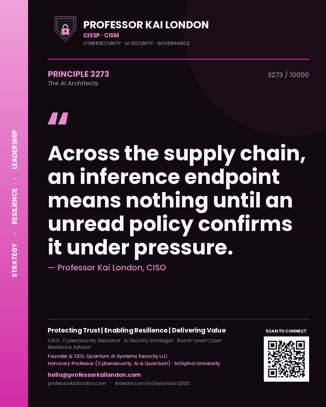 Quote card by Professor Kai London reading 'Across the supply chain, an inference endpoint means nothing until an unread policy confirms it under pressure.'. From the book The AI Architects.