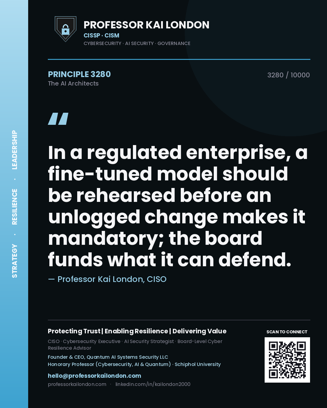 Quote card by Professor Kai London reading 'In a regulated enterprise, a fine-tuned model should be rehearsed before an unlogged change makes it mandatory; the board funds what it can defend.'. From the book The AI Architects.