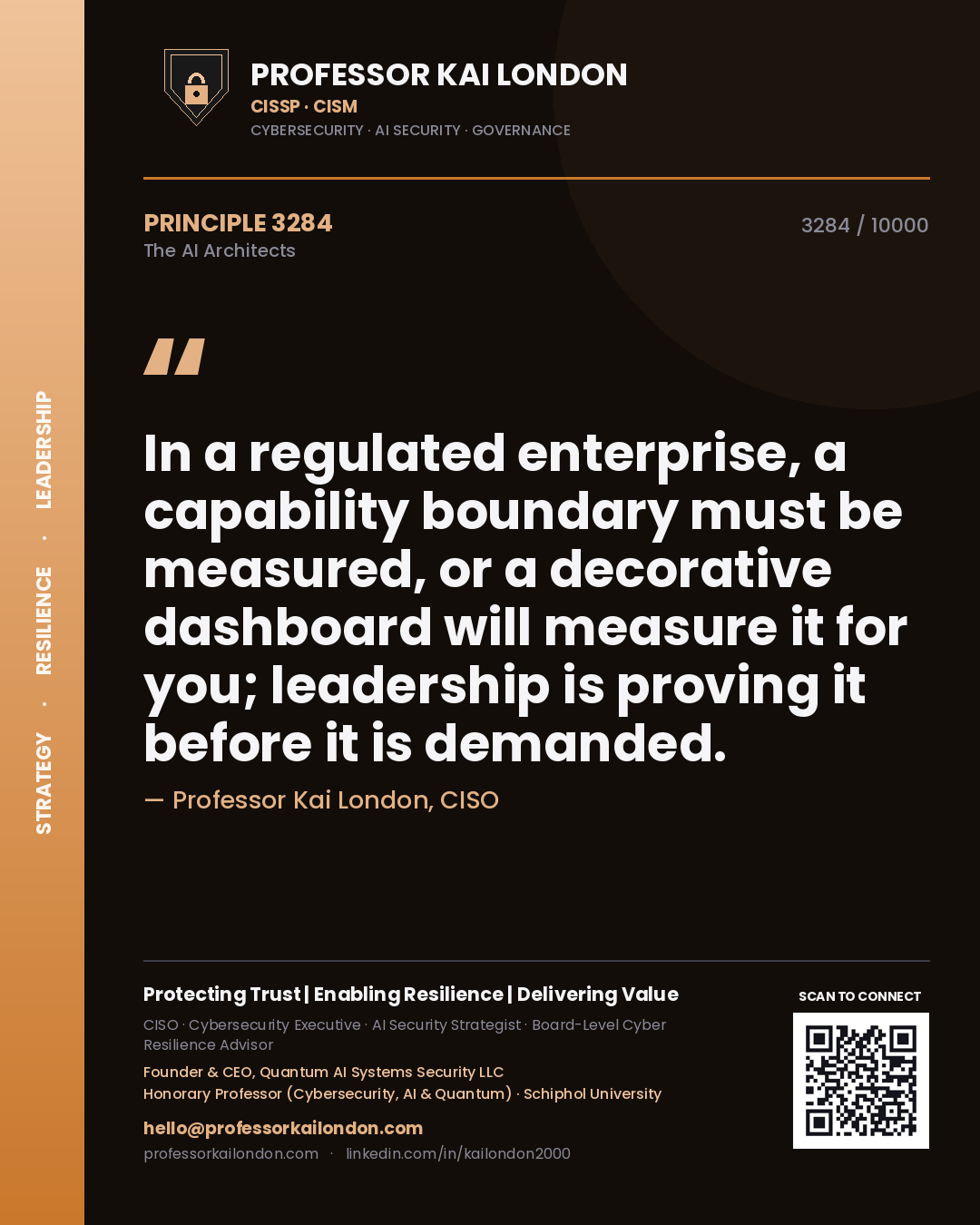 Quote card by Professor Kai London reading 'In a regulated enterprise, a capability boundary must be measured, or a decorative dashboard will measure it for you; leadership is proving it before it is demanded.'. From the book The AI Architects.