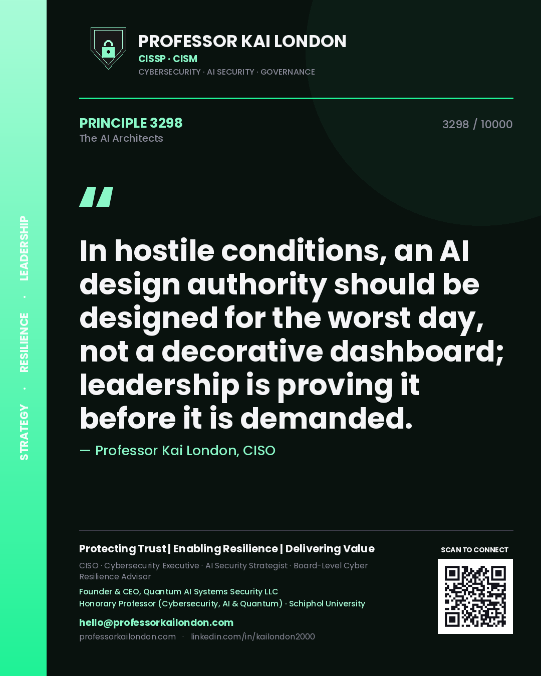 Quote card by Professor Kai London reading 'In hostile conditions, an AI design authority should be designed for the worst day, not a decorative dashboard; leadership is proving it before it is demanded.'. From the book The AI Architects.