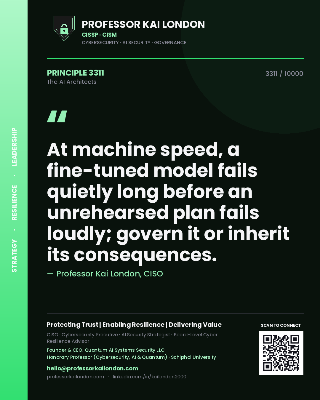 Quote card by Professor Kai London reading 'At machine speed, a fine-tuned model fails quietly long before an unrehearsed plan fails loudly; govern it or inherit its consequences.'. From the book The AI Architects.