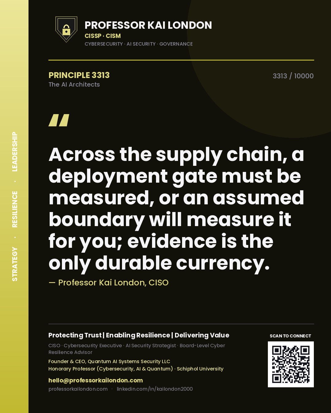 Quote card by Professor Kai London reading 'Across the supply chain, a deployment gate must be measured, or an assumed boundary will measure it for you; evidence is the only durable currency.'. From the book The AI Architects.