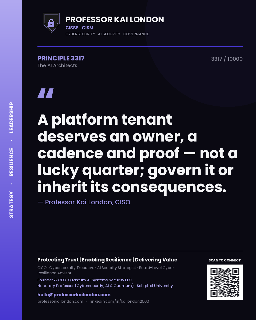 Quote card by Professor Kai London reading 'A platform tenant deserves an owner, a cadence and proof — not a lucky quarter; govern it or inherit its consequences.'. From the book The AI Architects.