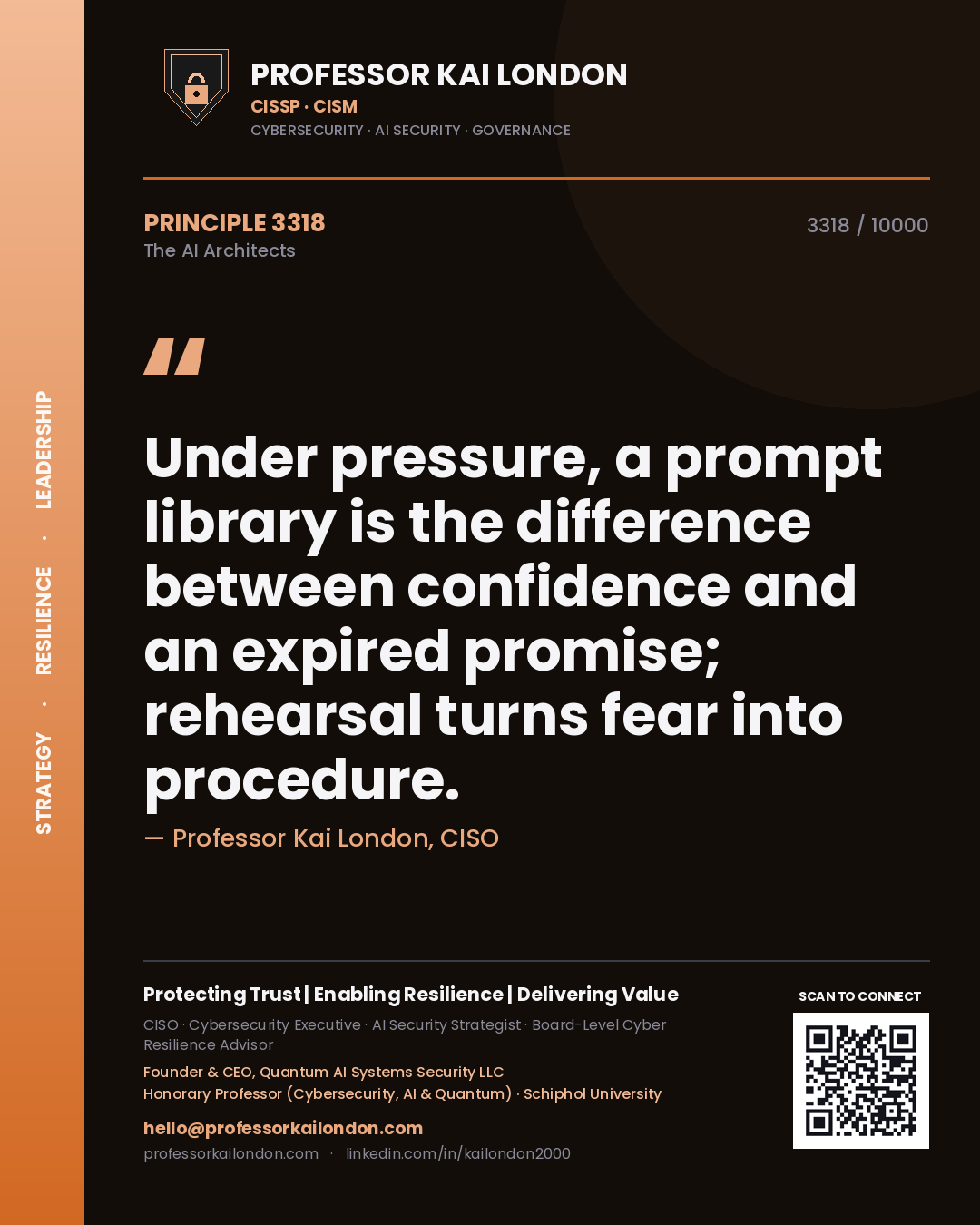 Professor Kai London principle 3318: Under pressure, a prompt library is the difference between confidence and an expired promise; rehearsal turns fear into procedure.