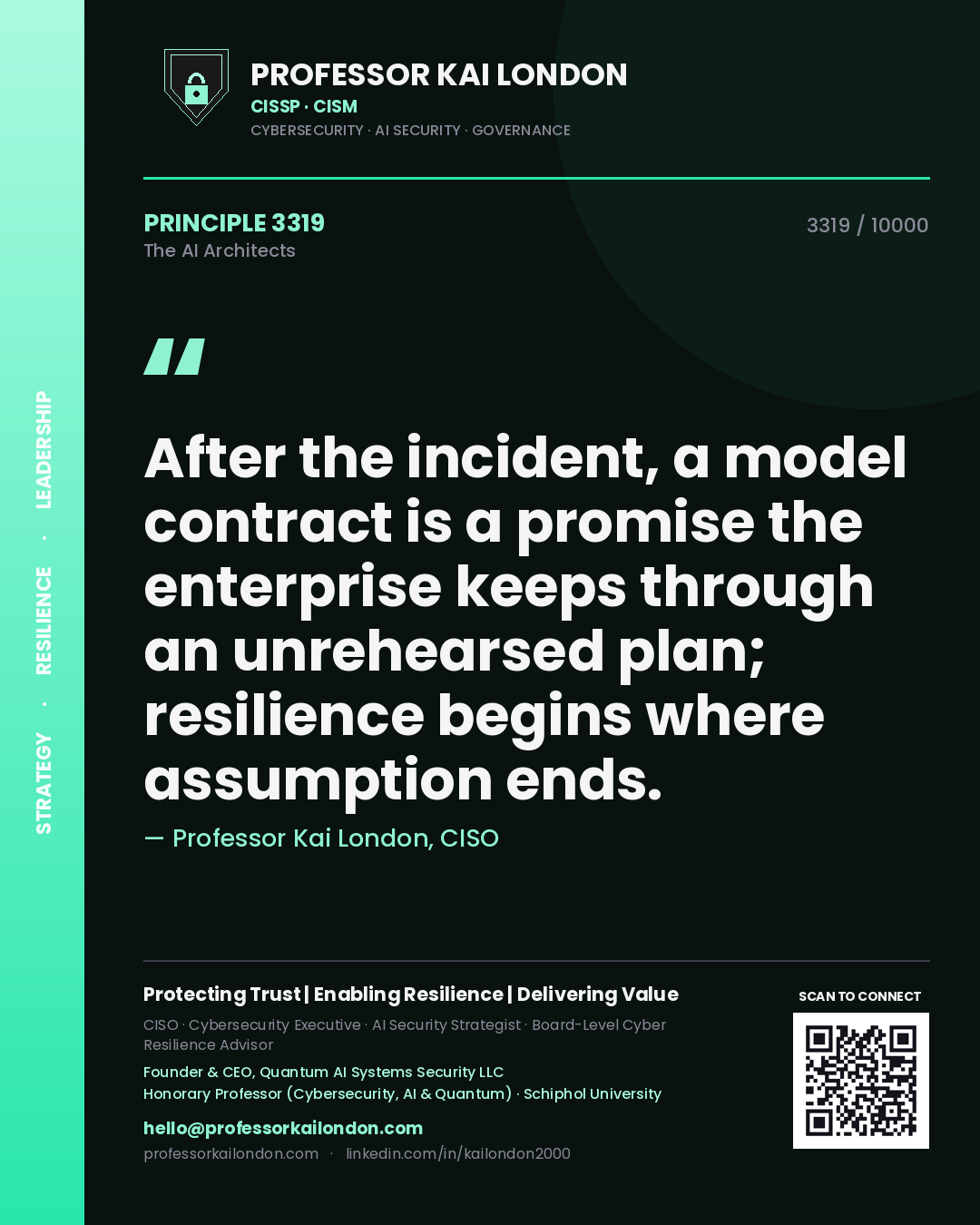 Quote card by Professor Kai London reading 'After the incident, a model contract is a promise the enterprise keeps through an unrehearsed plan; resilience begins where assumption ends.'. From the book The AI Architects.