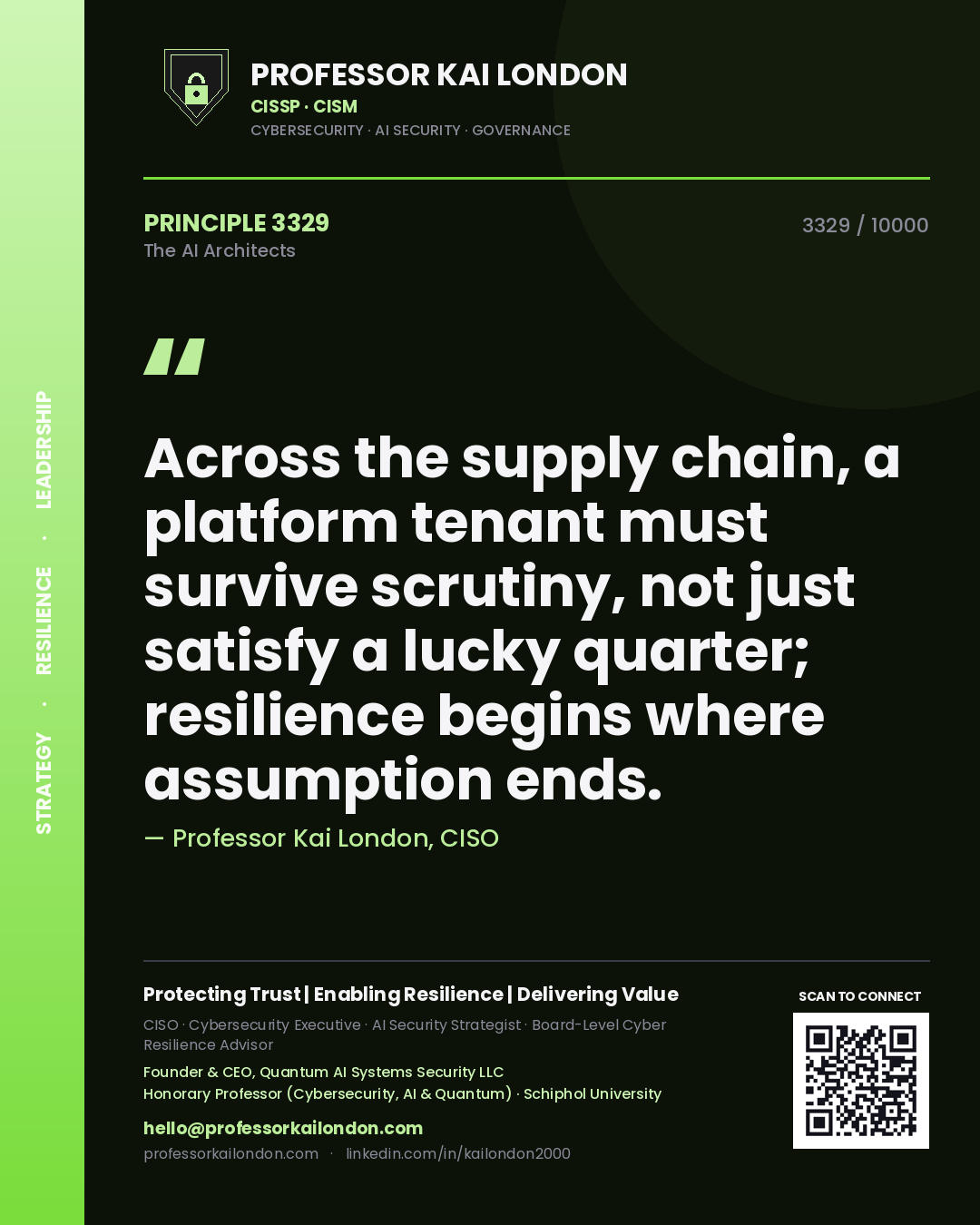 Professor Kai London principle 3329: Across the supply chain, a platform tenant must survive scrutiny, not just satisfy a lucky quarter; resilience begins where assumption ends.