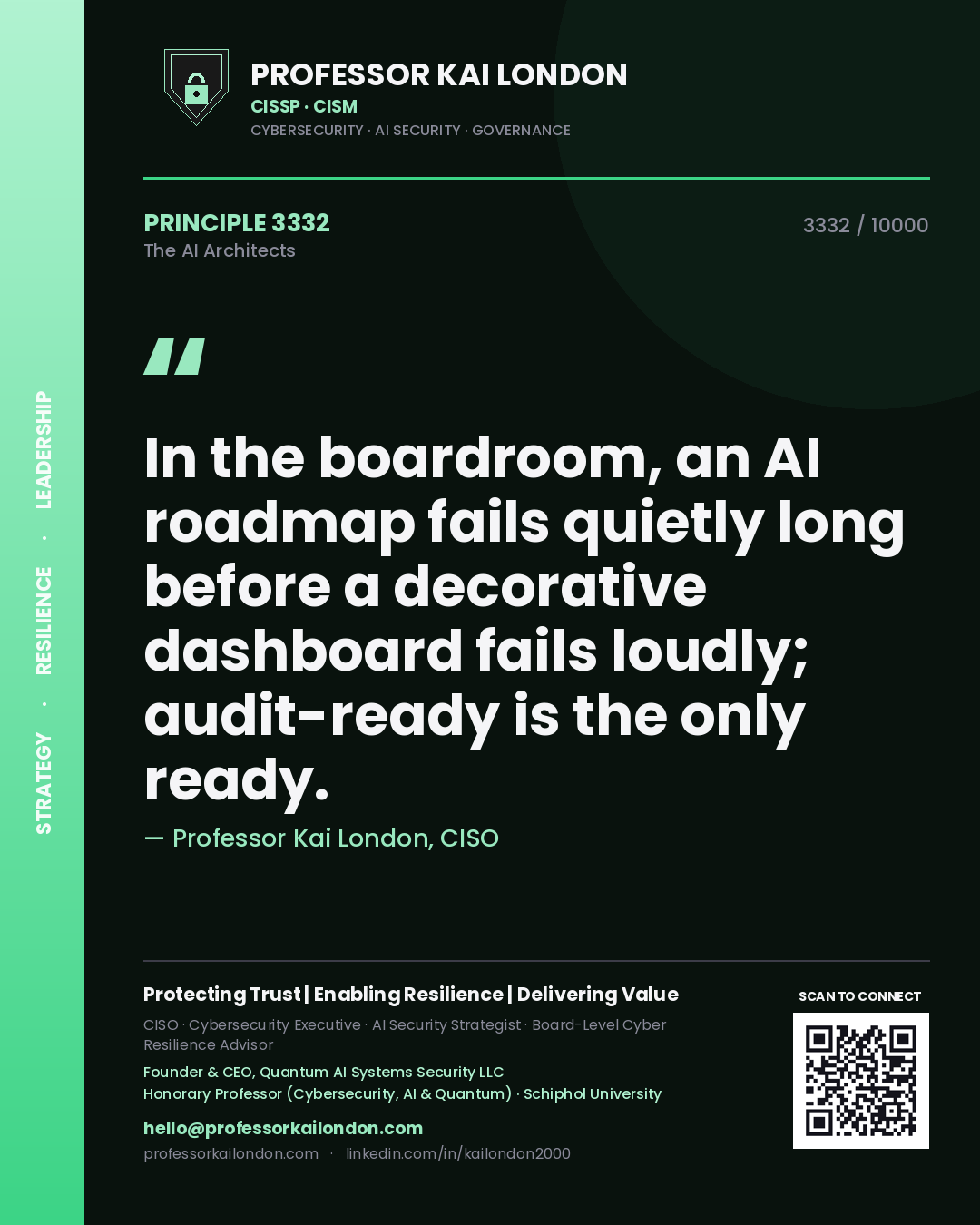 Quote card by Professor Kai London reading 'In the boardroom, an AI roadmap fails quietly long before a decorative dashboard fails loudly; audit-ready is the only ready.'. From the book The AI Architects.