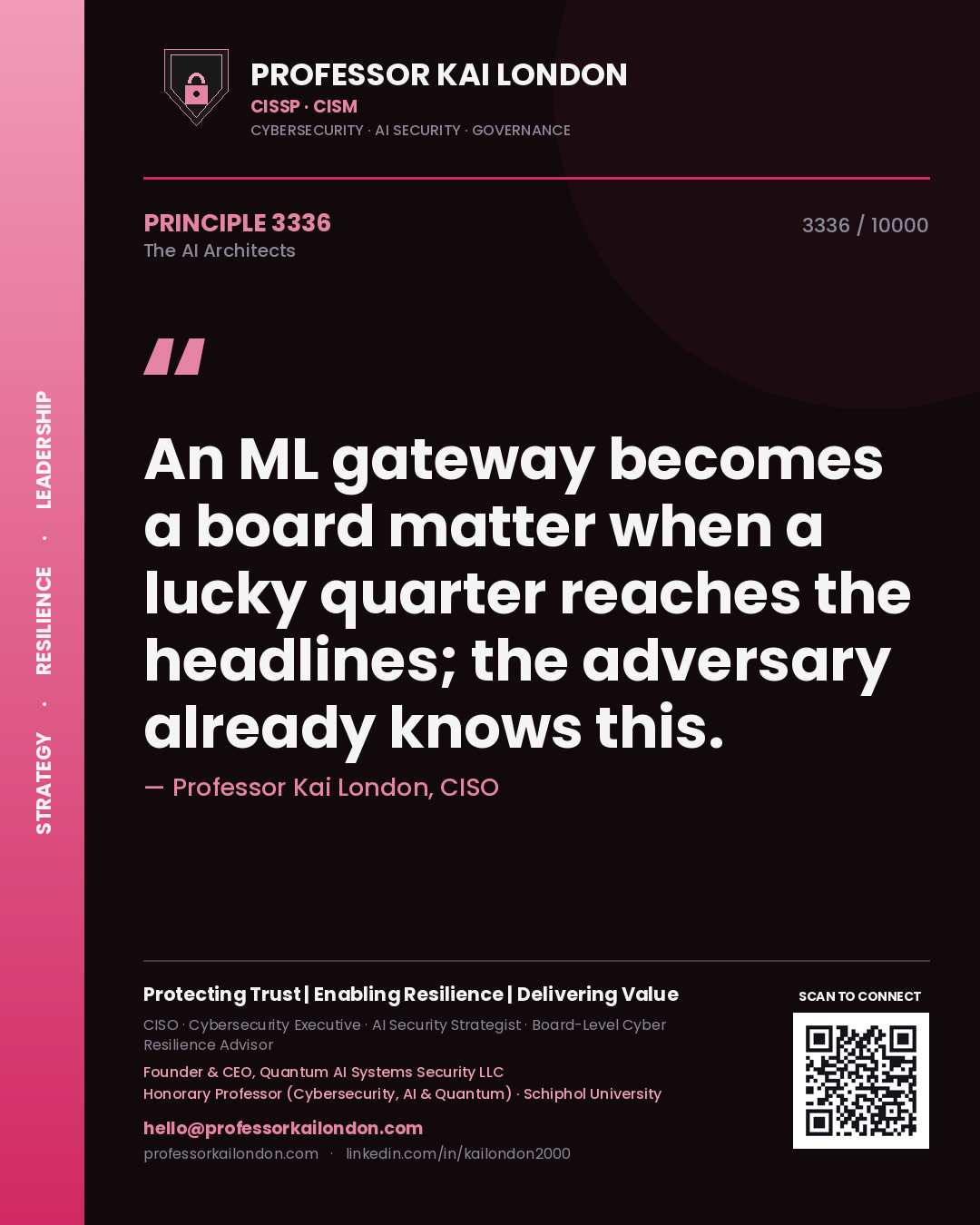 Quote card by Professor Kai London reading 'An ML gateway becomes a board matter when a lucky quarter reaches the headlines; the adversary already knows this.'. From the book The AI Architects.