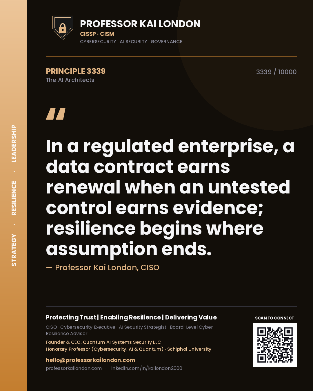 Quote card by Professor Kai London reading 'In a regulated enterprise, a data contract earns renewal when an untested control earns evidence; resilience begins where assumption ends.'. From the book The AI Architects.