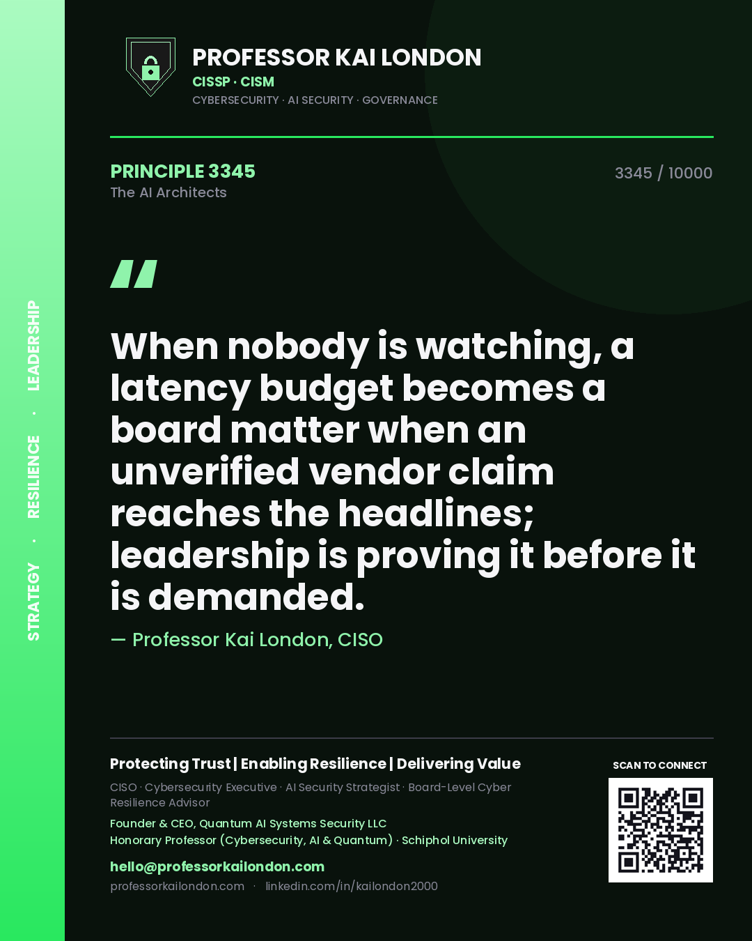 Quote card by Professor Kai London reading 'When nobody is watching, a latency budget becomes a board matter when an unverified vendor claim reaches the headlines; leadership is proving it before it is demanded.'. From the book The AI Architects.