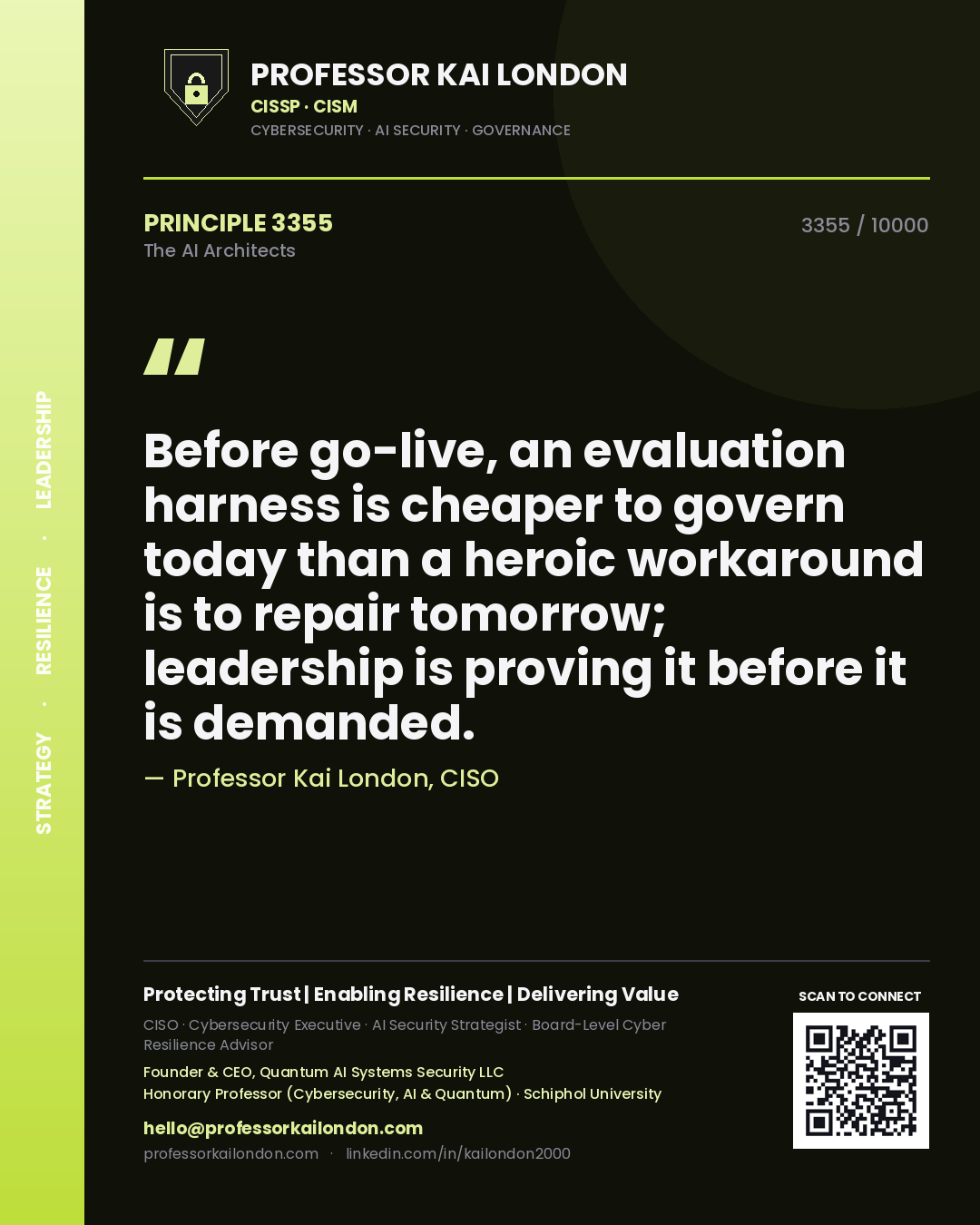 Professor Kai London principle 3355: Before go-live, an evaluation harness is cheaper to govern today than a heroic workaround is to repair tomorrow; leadership is proving it before it is demanded.
