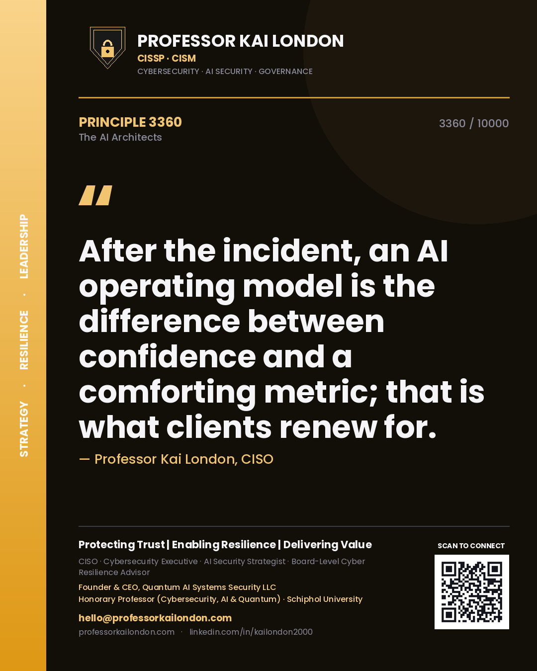 Quote card by Professor Kai London reading 'After the incident, an AI operating model is the difference between confidence and a comforting metric; that is what clients renew for.'. From the book The AI Architects.
