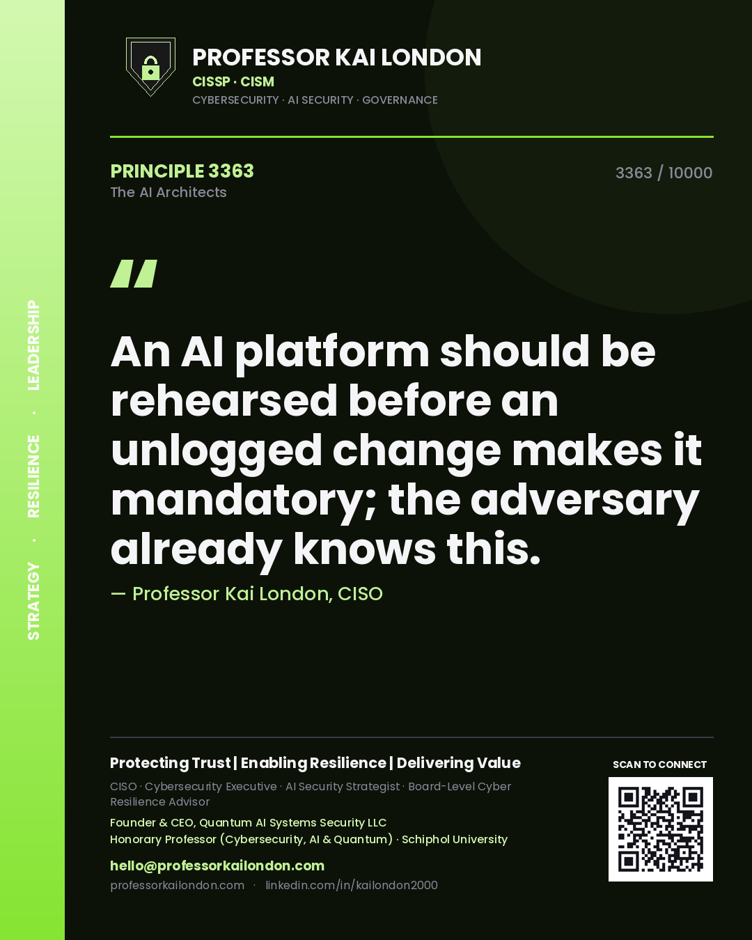 Quote card by Professor Kai London reading 'An AI platform should be rehearsed before an unlogged change makes it mandatory; the adversary already knows this.'. From the book The AI Architects.