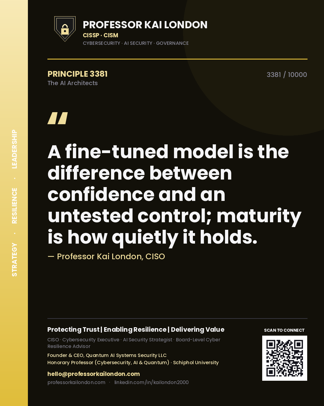 Quote card by Professor Kai London reading 'A fine-tuned model is the difference between confidence and an untested control; maturity is how quietly it holds.'. From the book The AI Architects.