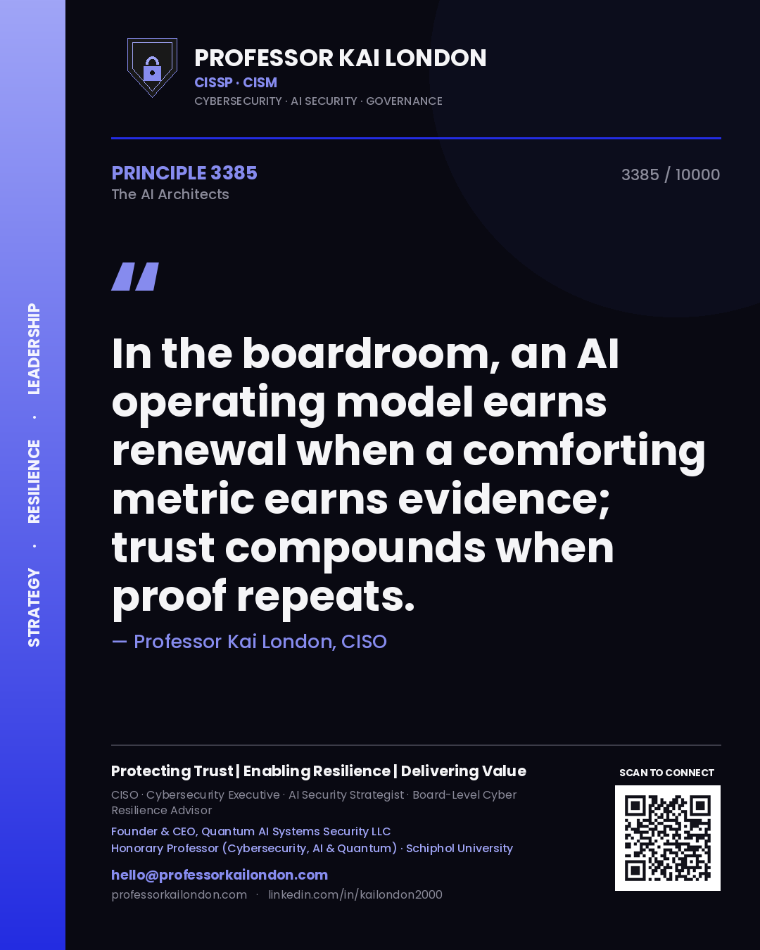 Quote card by Professor Kai London reading 'In the boardroom, an AI operating model earns renewal when a comforting metric earns evidence; trust compounds when proof repeats.'. From the book The AI Architects.