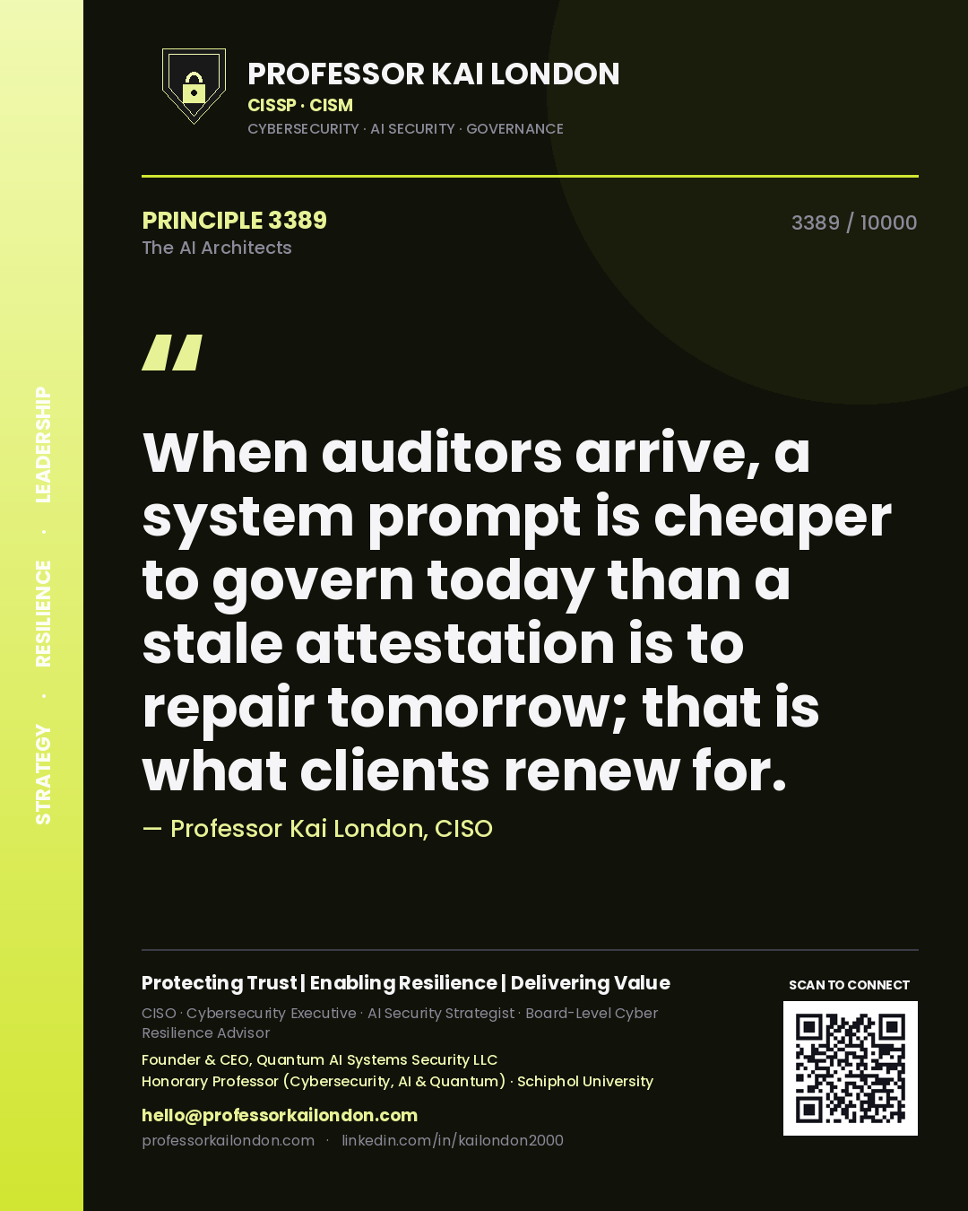 Quote card by Professor Kai London reading 'When auditors arrive, a system prompt is cheaper to govern today than a stale attestation is to repair tomorrow; that is what clients renew for.'. From the book The AI Architects.