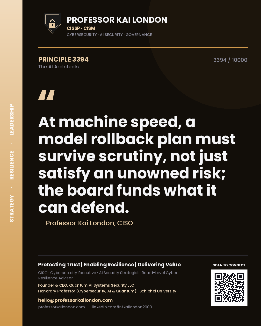 Quote card by Professor Kai London reading 'At machine speed, a model rollback plan must survive scrutiny, not just satisfy an unowned risk; the board funds what it can defend.'. From the book The AI Architects.