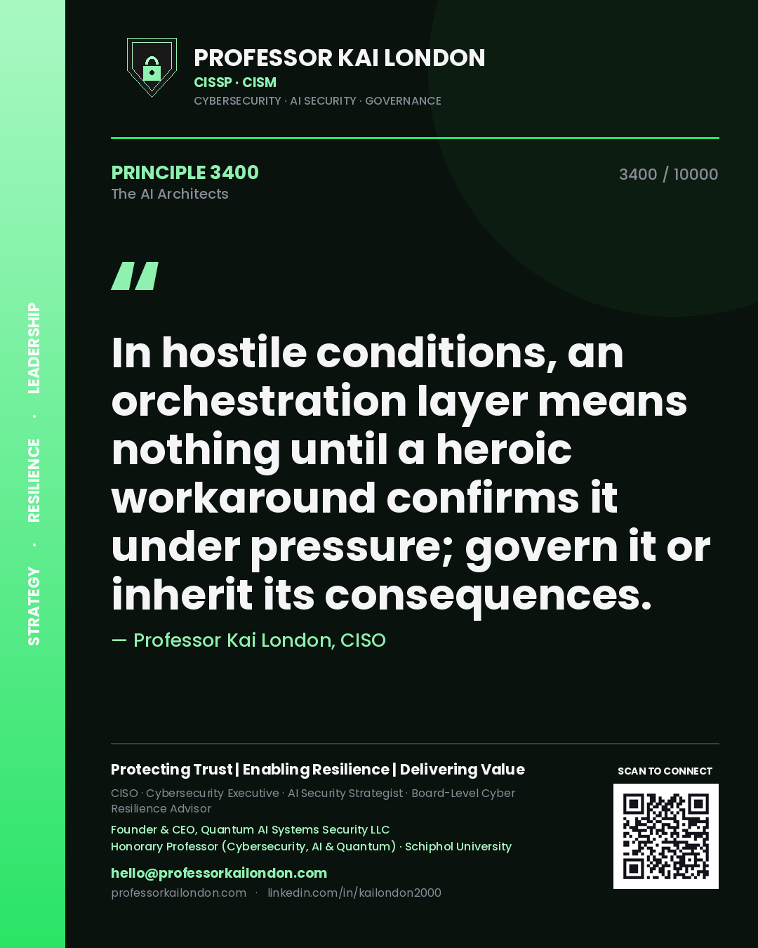 Quote card by Professor Kai London reading 'In hostile conditions, an orchestration layer means nothing until a heroic workaround confirms it under pressure; govern it or inherit its consequences.'. From the book The AI Architects.