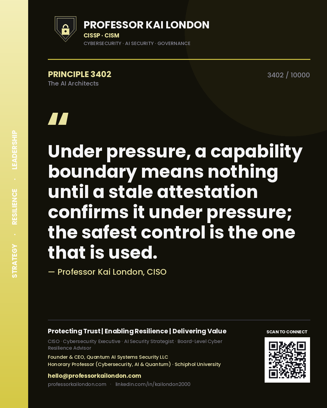 Quote card by Professor Kai London reading 'Under pressure, a capability boundary means nothing until a stale attestation confirms it under pressure; the safest control is the one that is used.'. From the book The AI Architects.