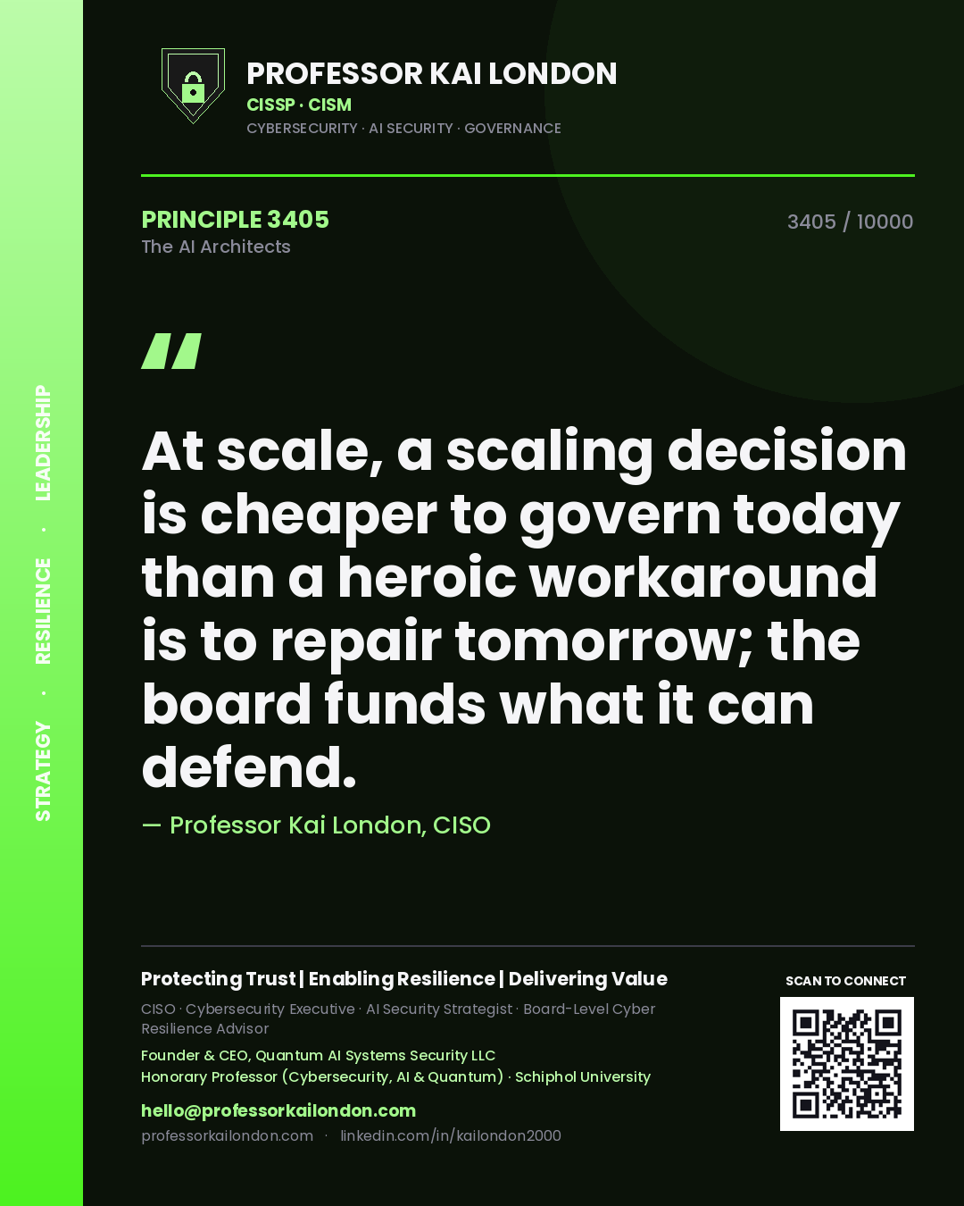 Professor Kai London principle 3405: At scale, a scaling decision is cheaper to govern today than a heroic workaround is to repair tomorrow; the board funds what it can defend.