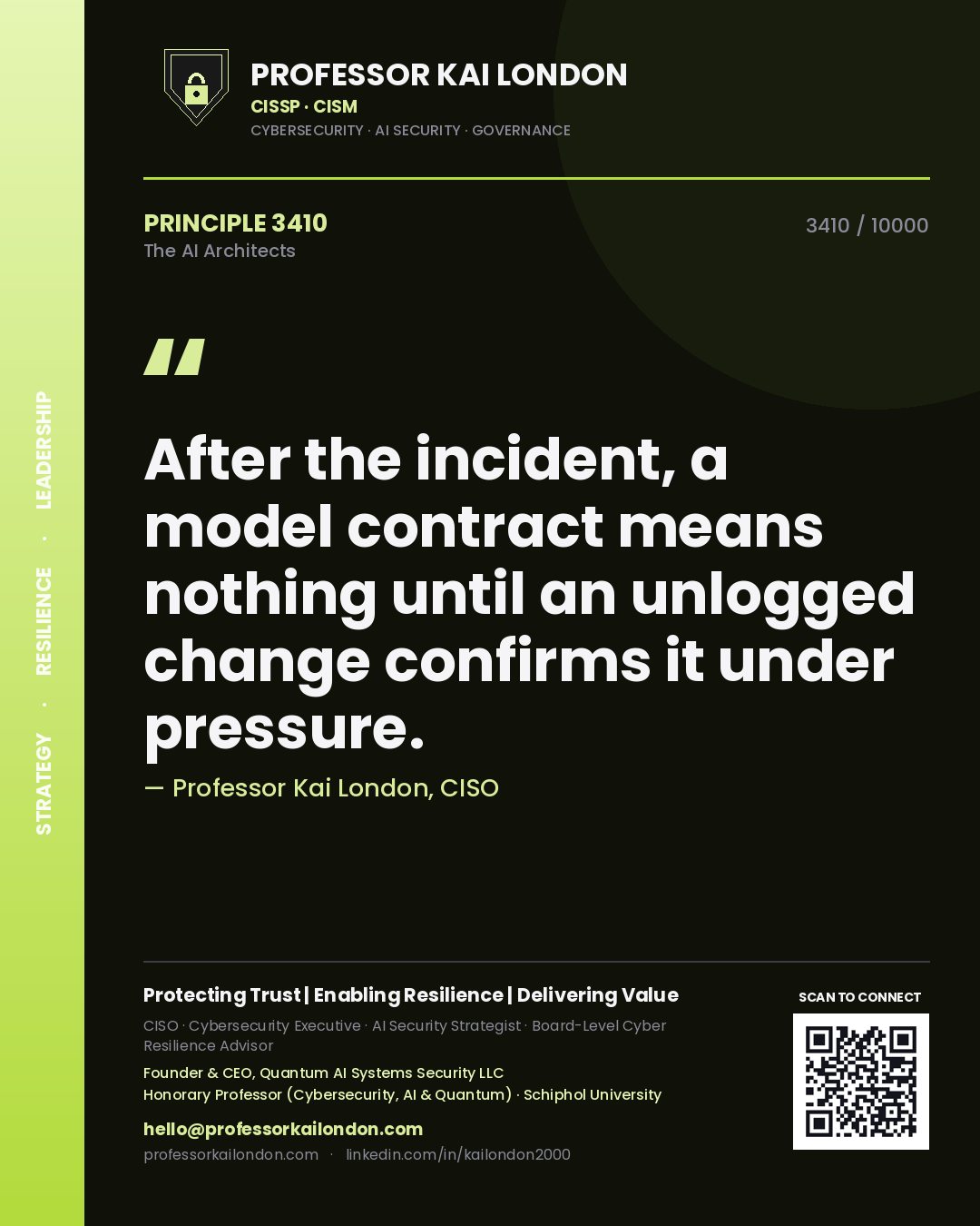 Quote card by Professor Kai London reading 'After the incident, a model contract means nothing until an unlogged change confirms it under pressure.'. From the book The AI Architects.